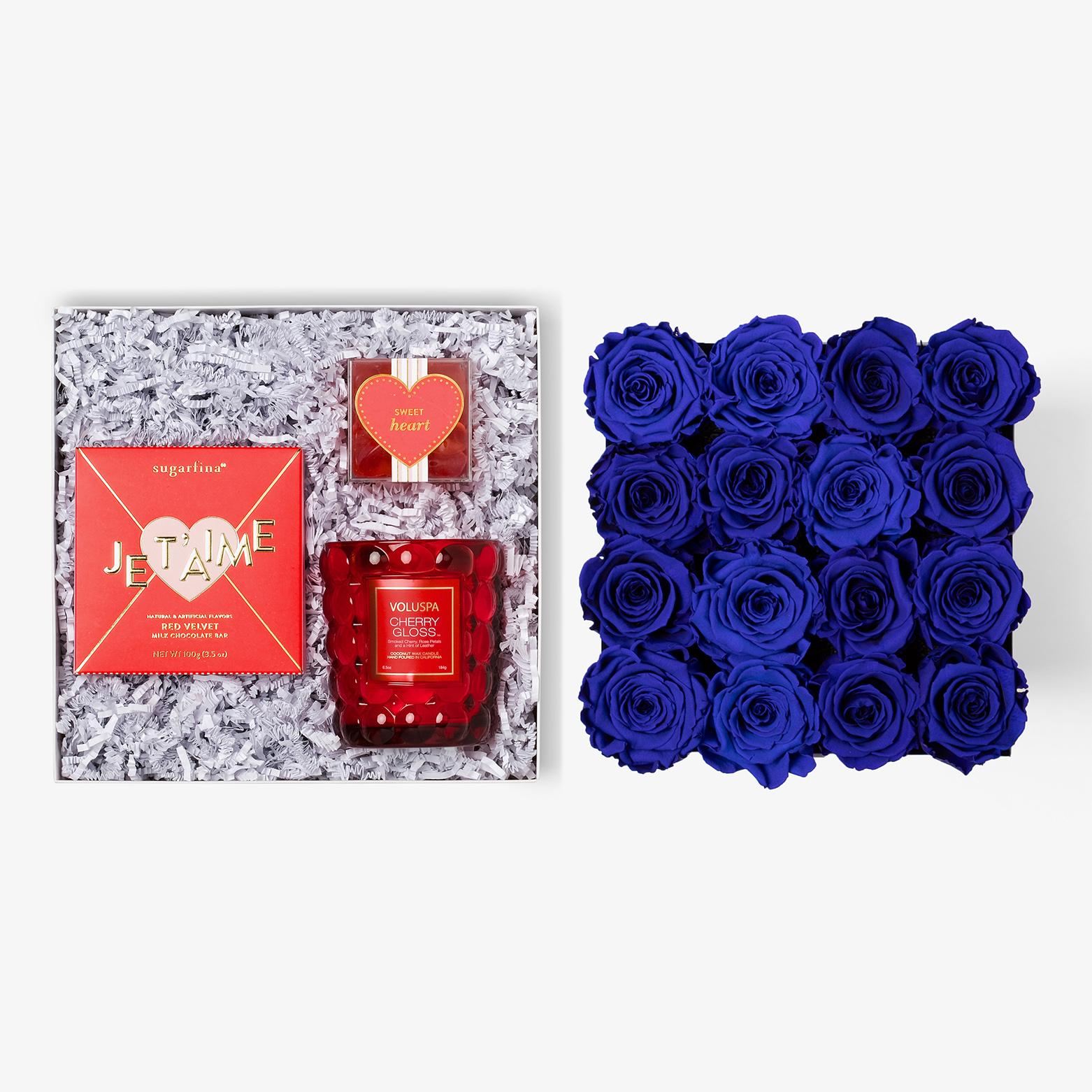 Candle & Treats - Large Square Box - Royal Blue Rose - Black Box