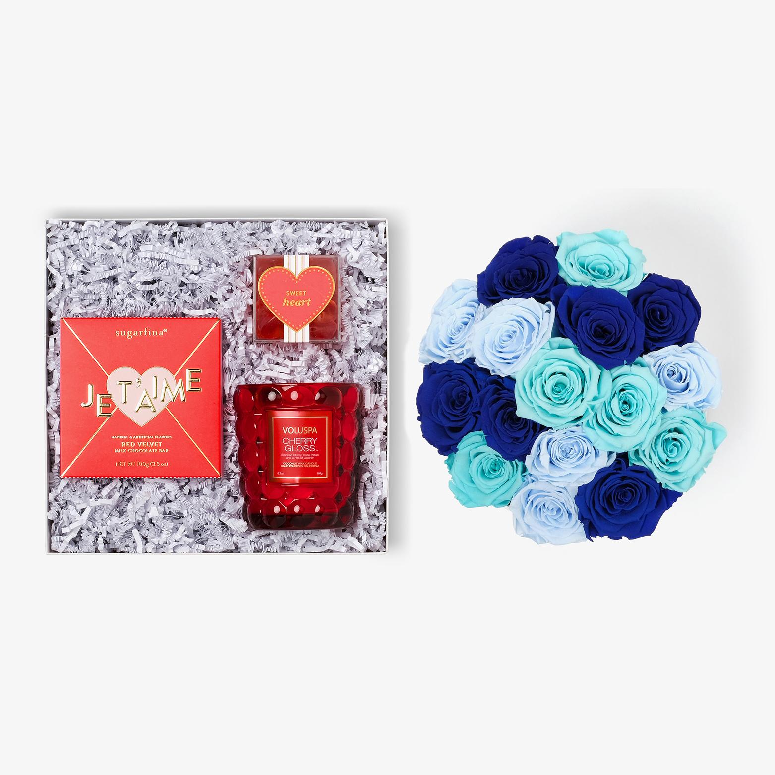 Candle & Treats - Large Bloom Box - Blue Ombre Rose - White Box