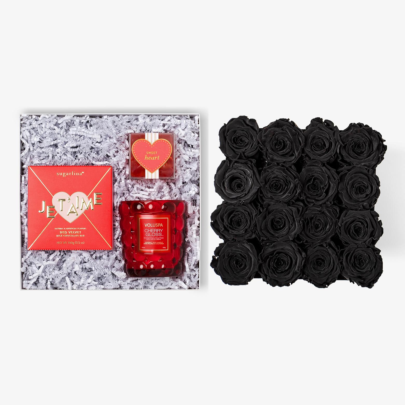 Candle & Treats - Large Square Box - Black Rose - Black Box