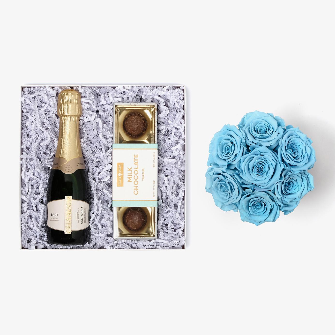 Champagne & Truffles - Medium Bloom Box - Baby Blue Rose - Black Box