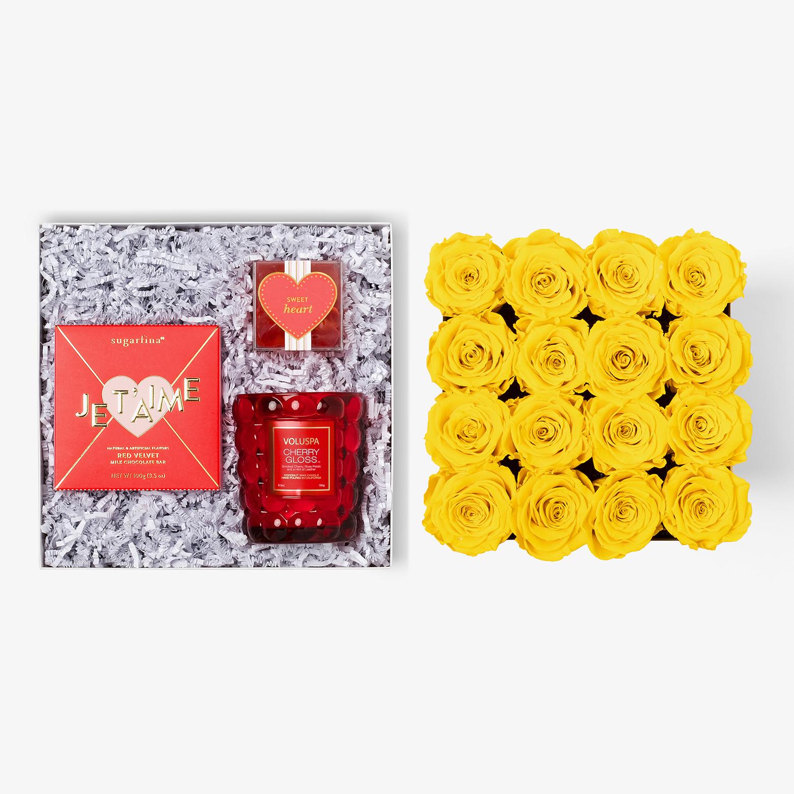 Candle & Treats - Large Square Box - Yellow Rose - White Box