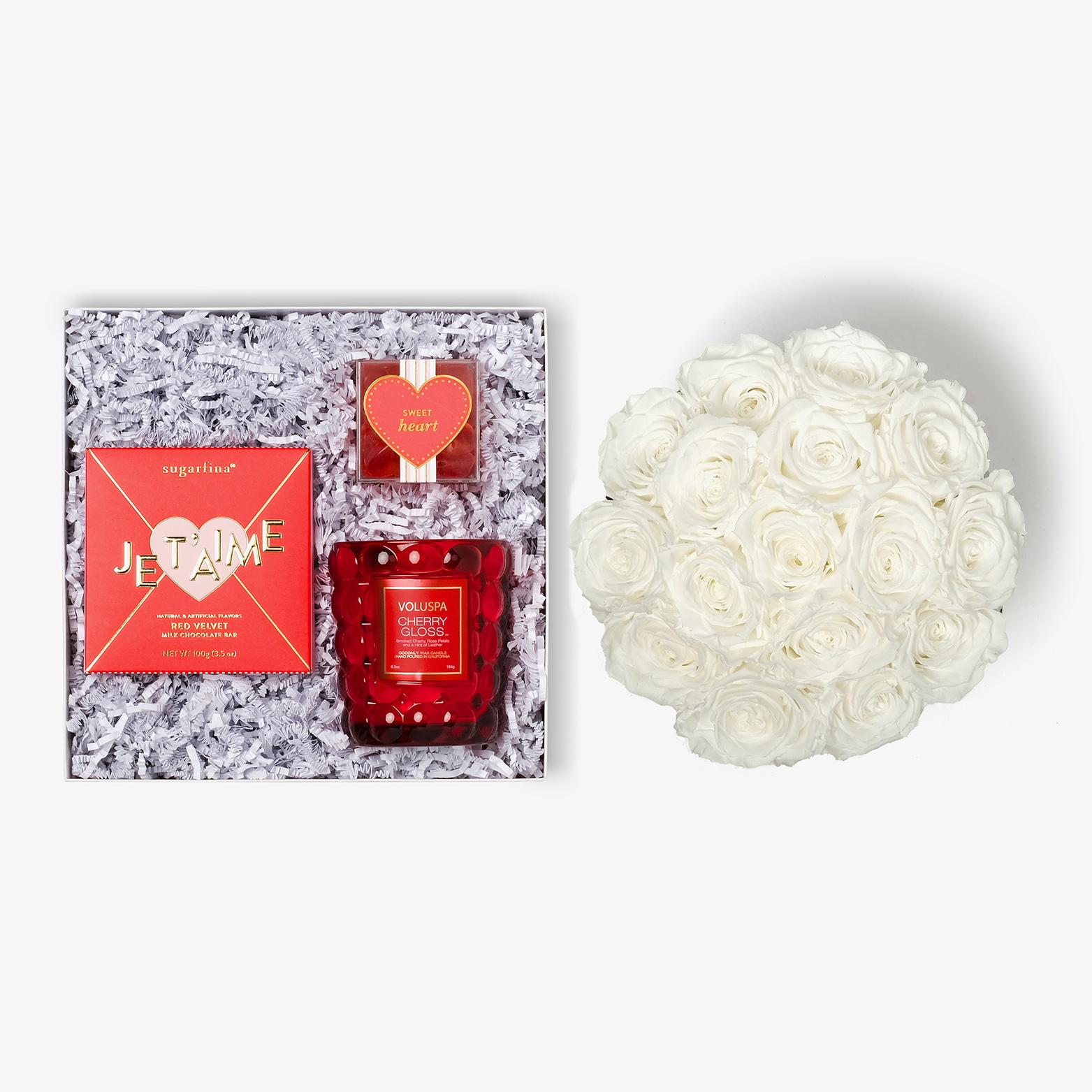 Candle & Treats - Large Bloom Box - White Rose - Black Box