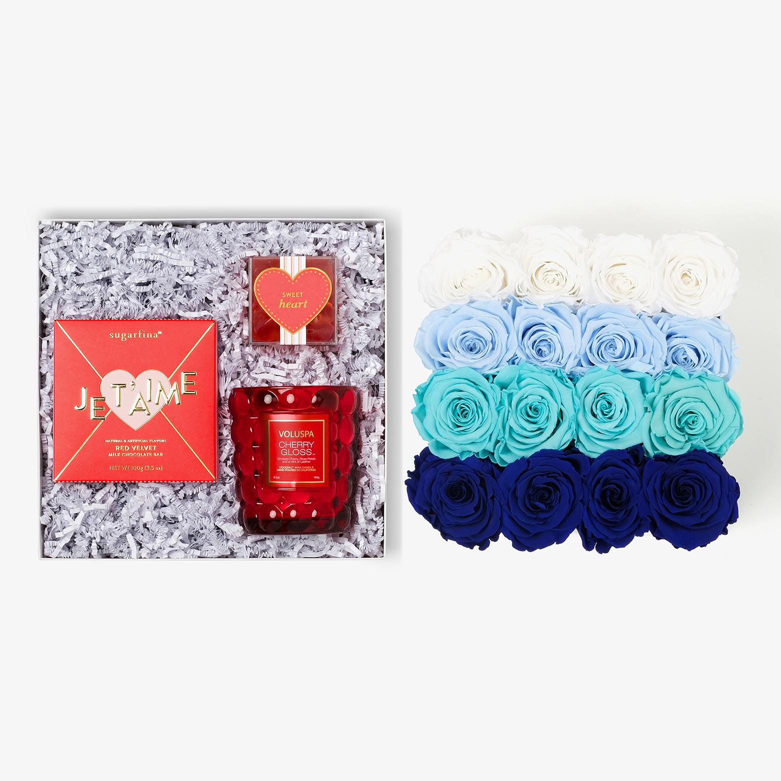 Candle & Treats - Large Square Box - Blue Ombre Rose - White Box