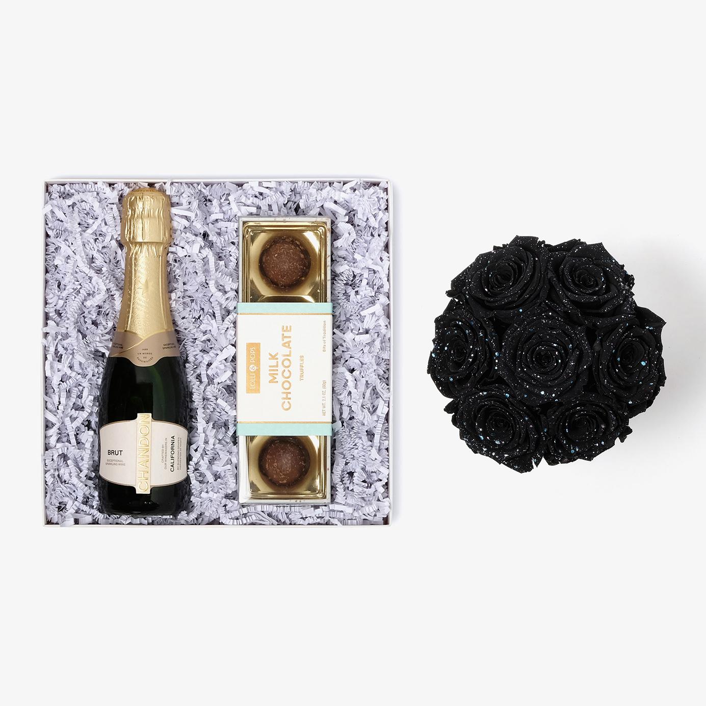 Champagne & Truffles - Medium Bloom Box - Black Galaxy Rose - White Box