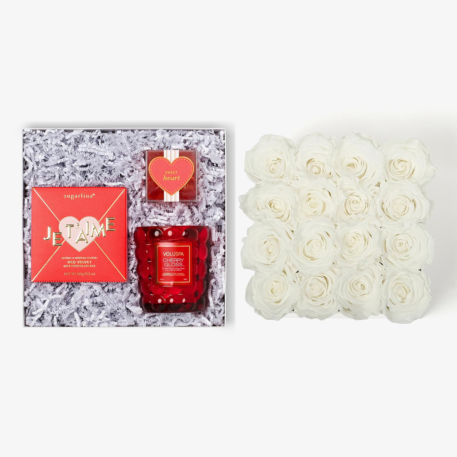 Candle & Treats - Large Square Box - White Rose - White Box