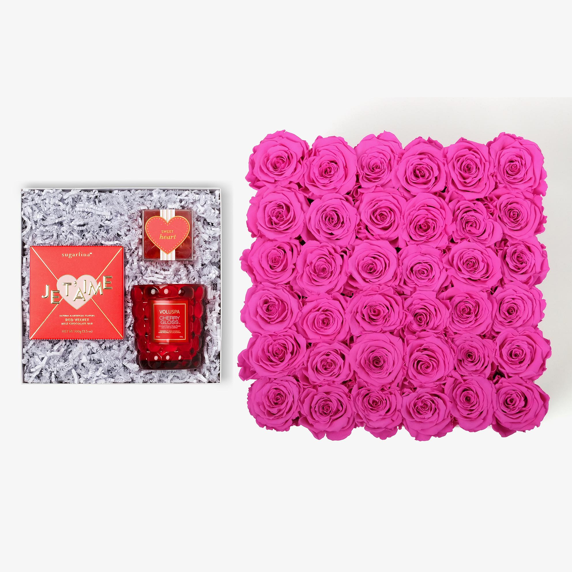 Candle & Treats - Grand Square Box - Hot Pink Rose - White Box