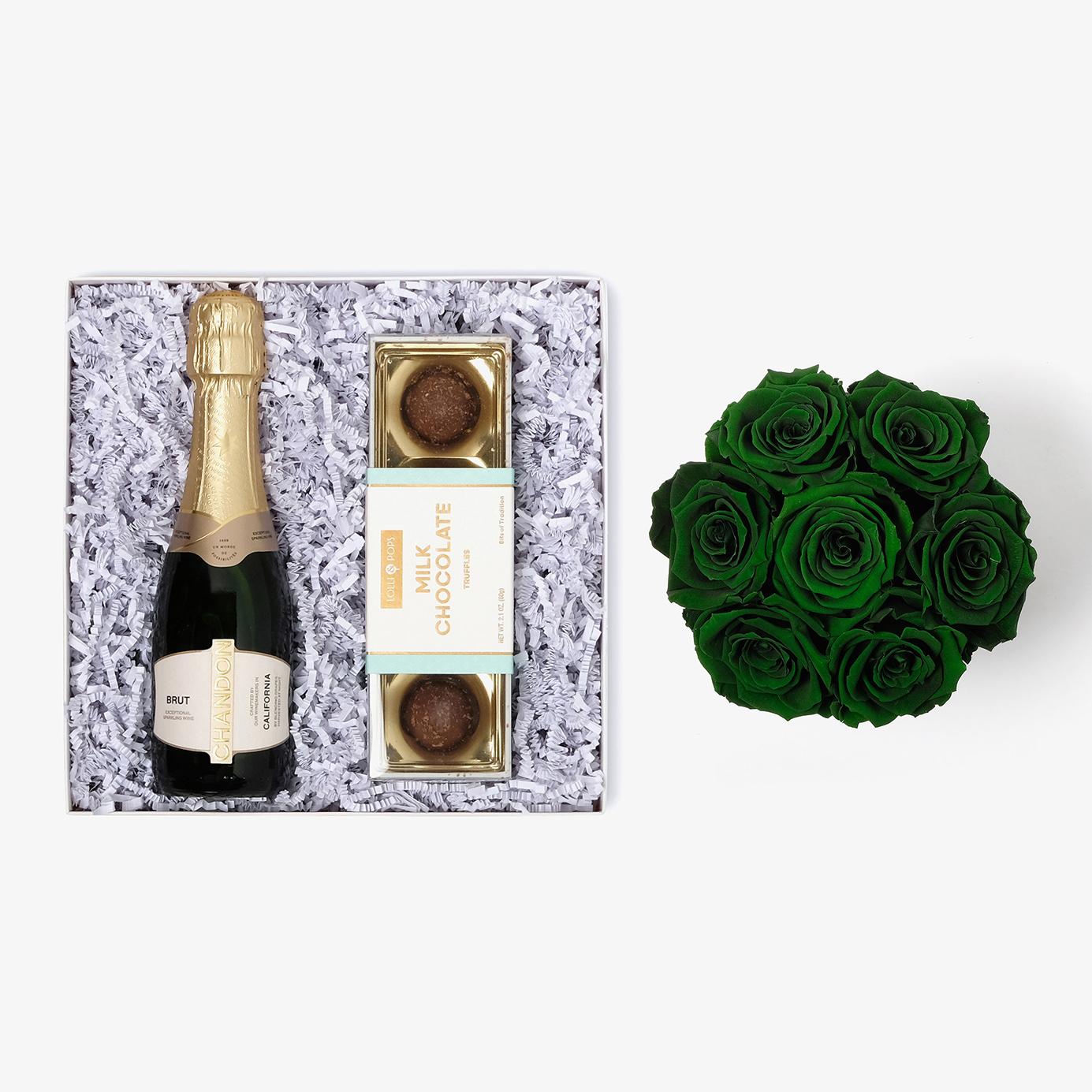 Champagne & Truffles - Medium Bloom Box - Emerald Green Rose - White Box