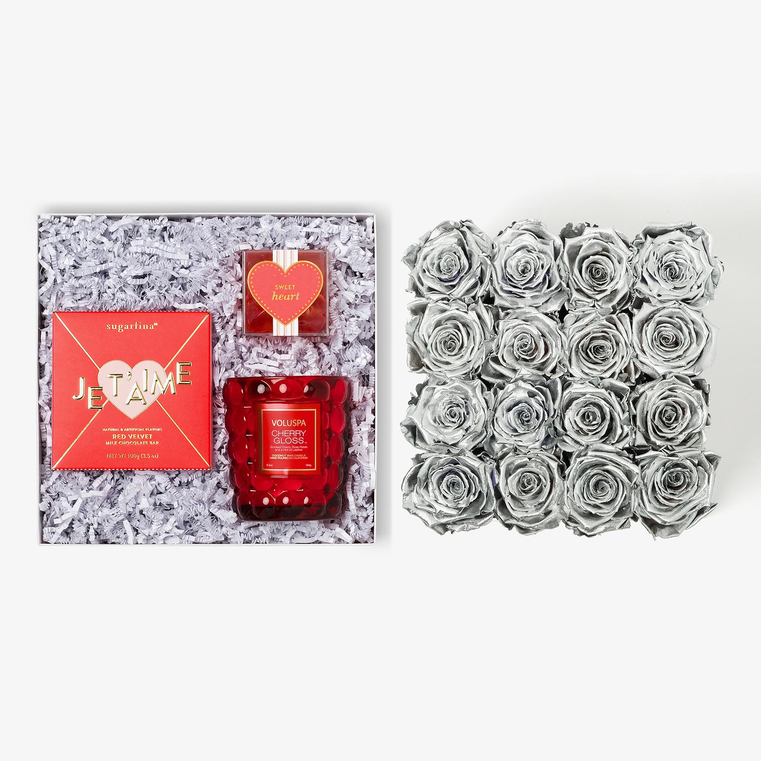 Candle & Treats - Large Square Box - Silver Rose - Black Box