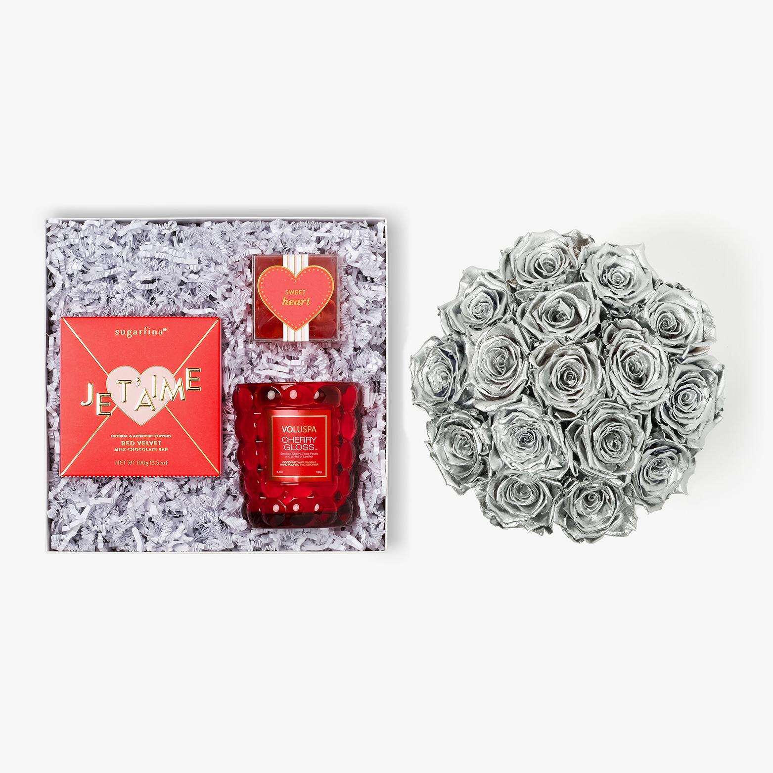 Candle & Treats - Large Bloom Box - Silver Rose - Black Box