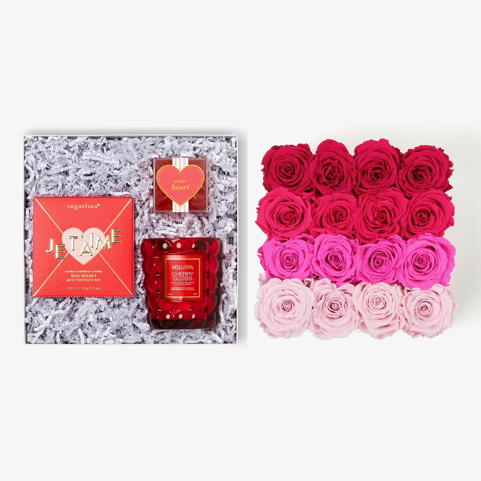 Candle & Treats - Large Square Box - Pink Ombre Rose - Black Box