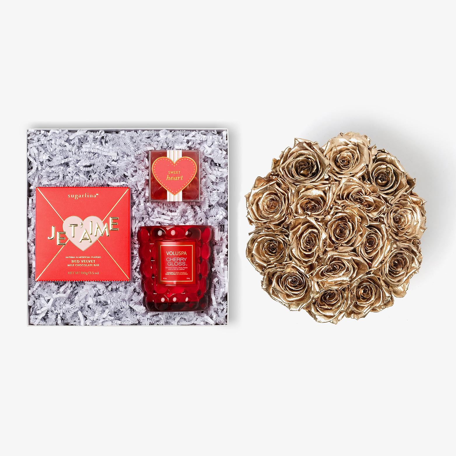 Candle & Treats - Large Bloom Box - Gold Rose - White Box