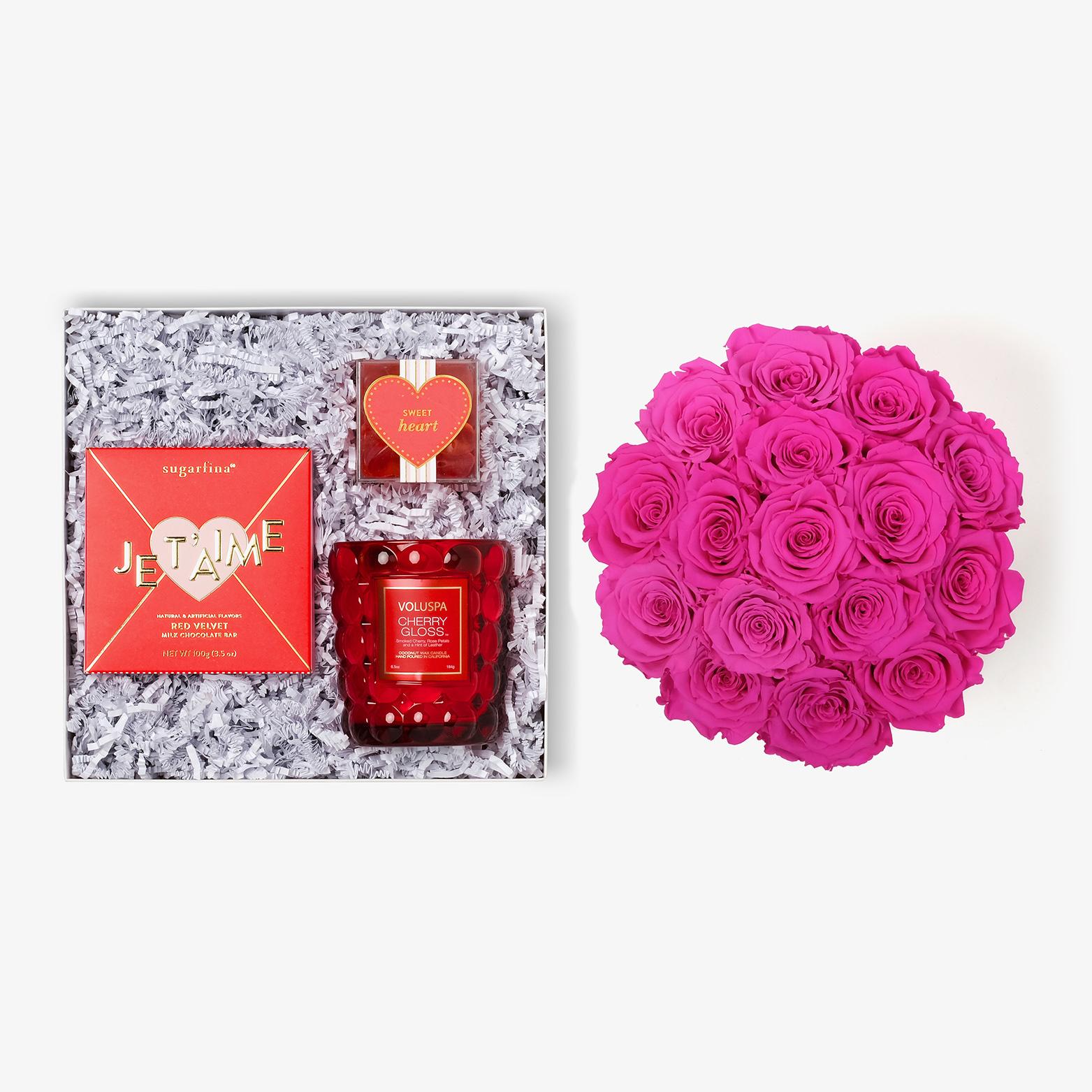 Candle & Treats - Large Bloom Box - Hot Pink Rose - Black Box