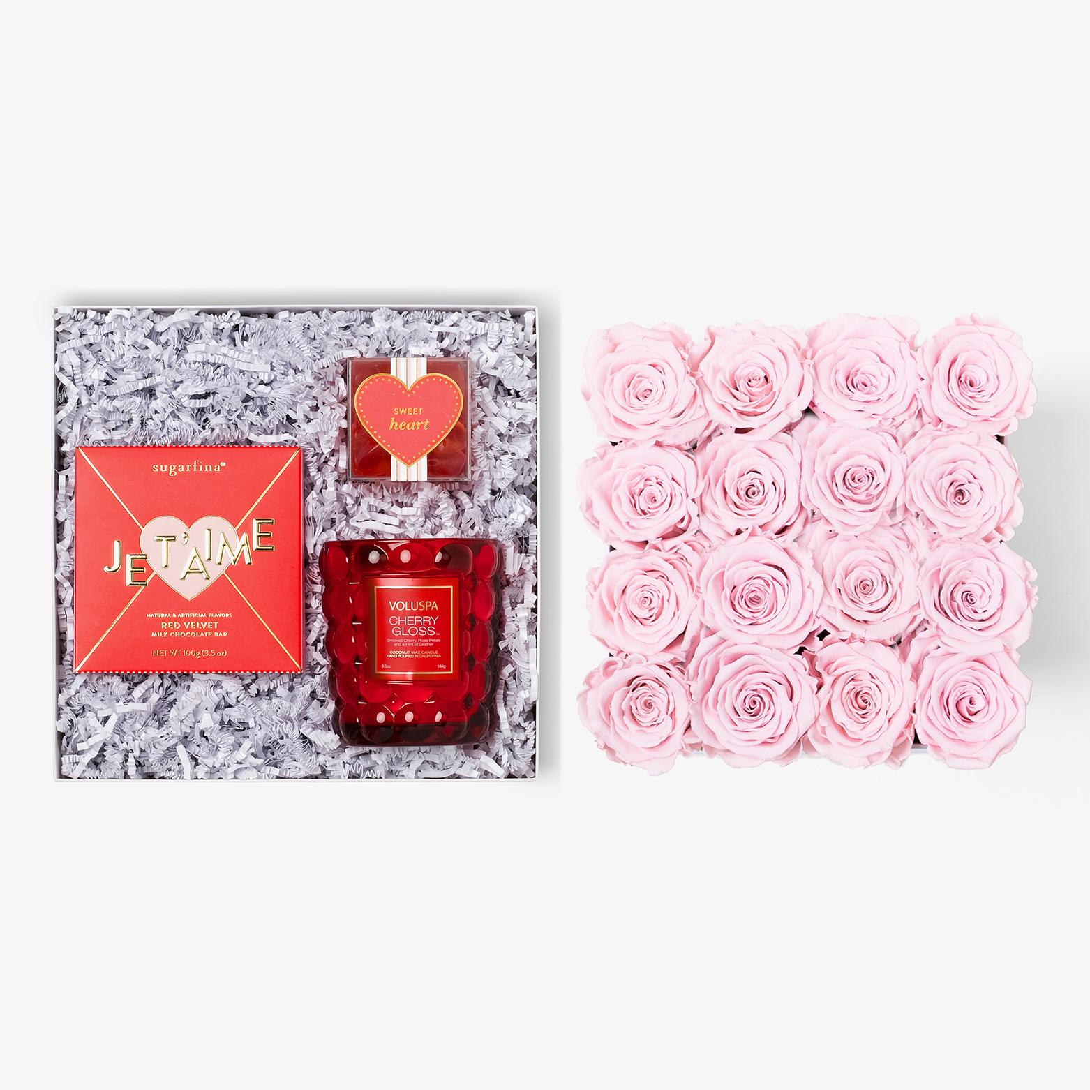 Candle & Treats - Large Square Box - Pink Rose - White Box