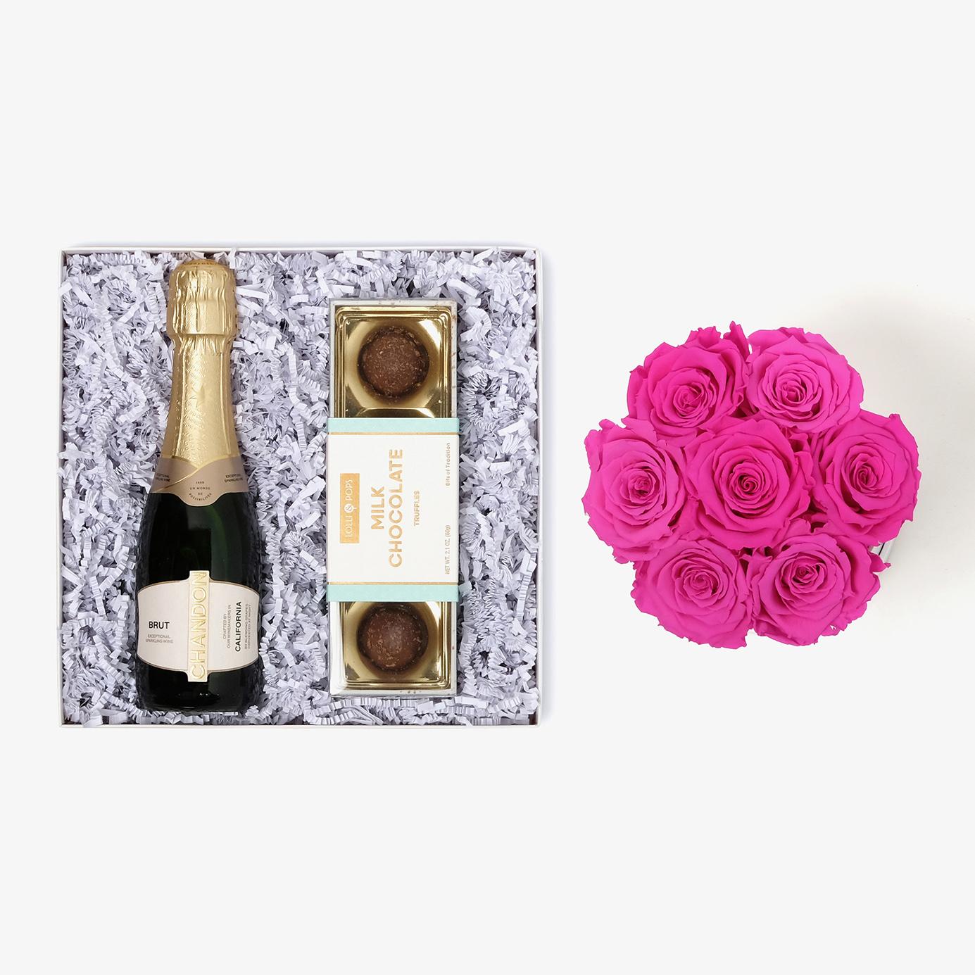 Champagne & Truffles - Medium Bloom Box - Hot Pink Rose - Black Box