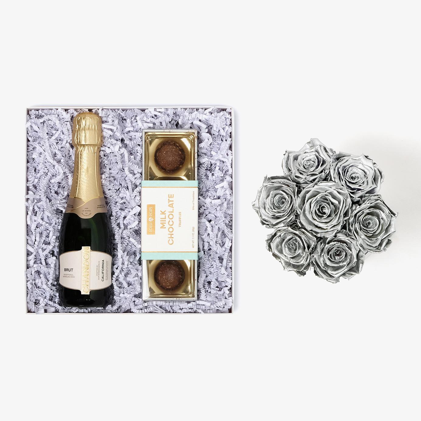 Champagne & Truffles - Medium Bloom Box - Silver Rose - White Box