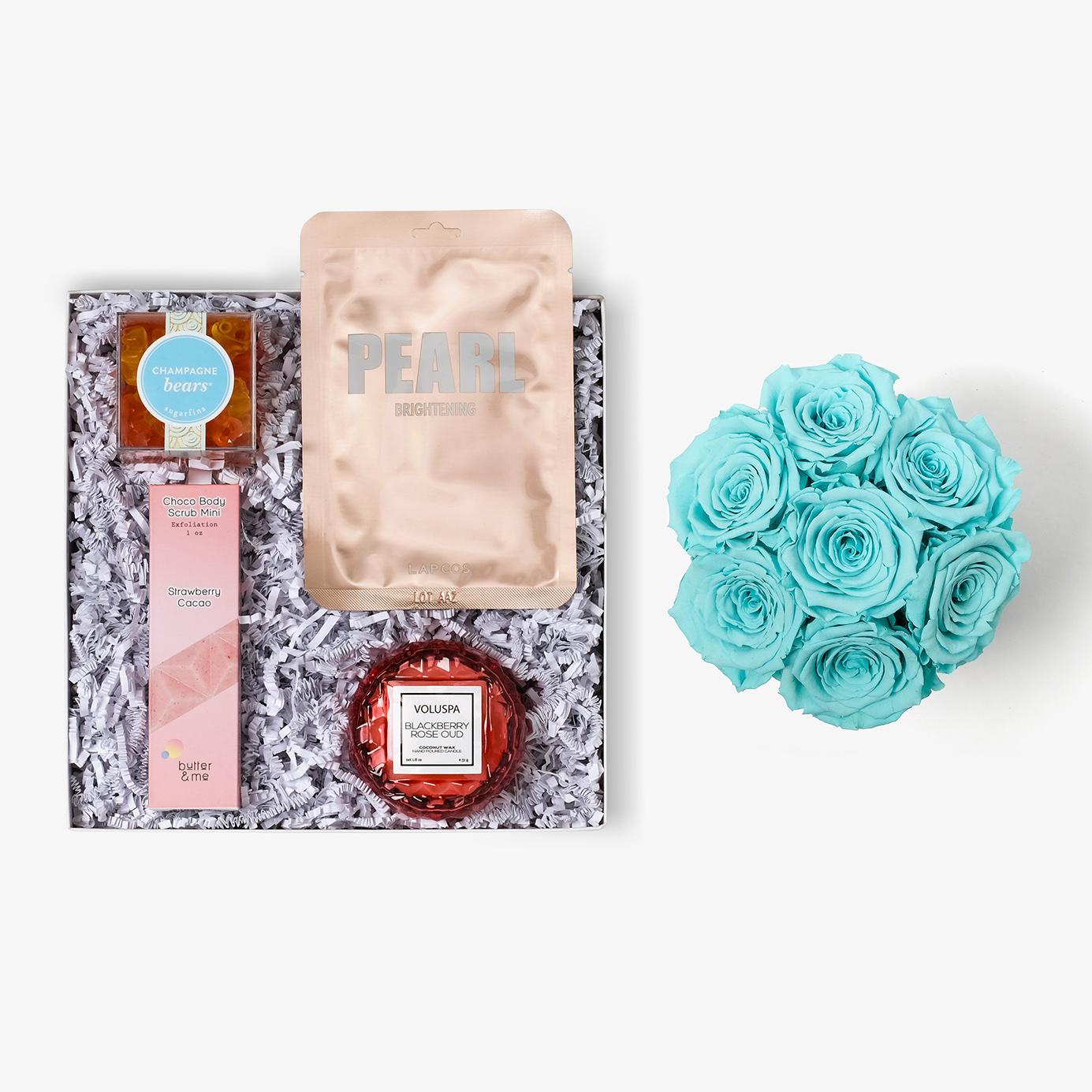 Pamper Bundle - Medium Bloom Box - Turquoise Rose - White Box