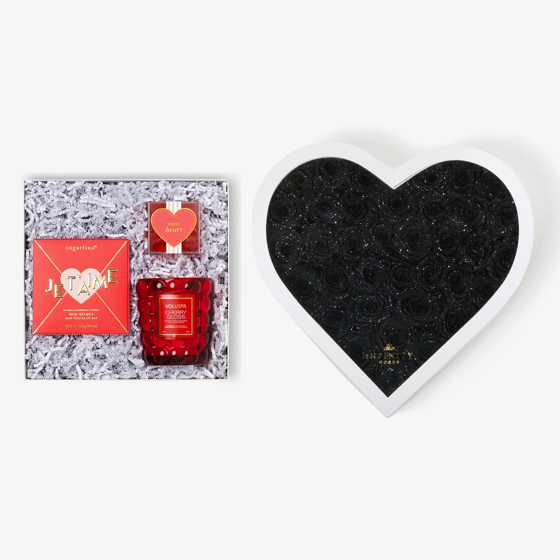 Candle & Treats - Grand Heart Box - Black Galaxy Rose - White Box