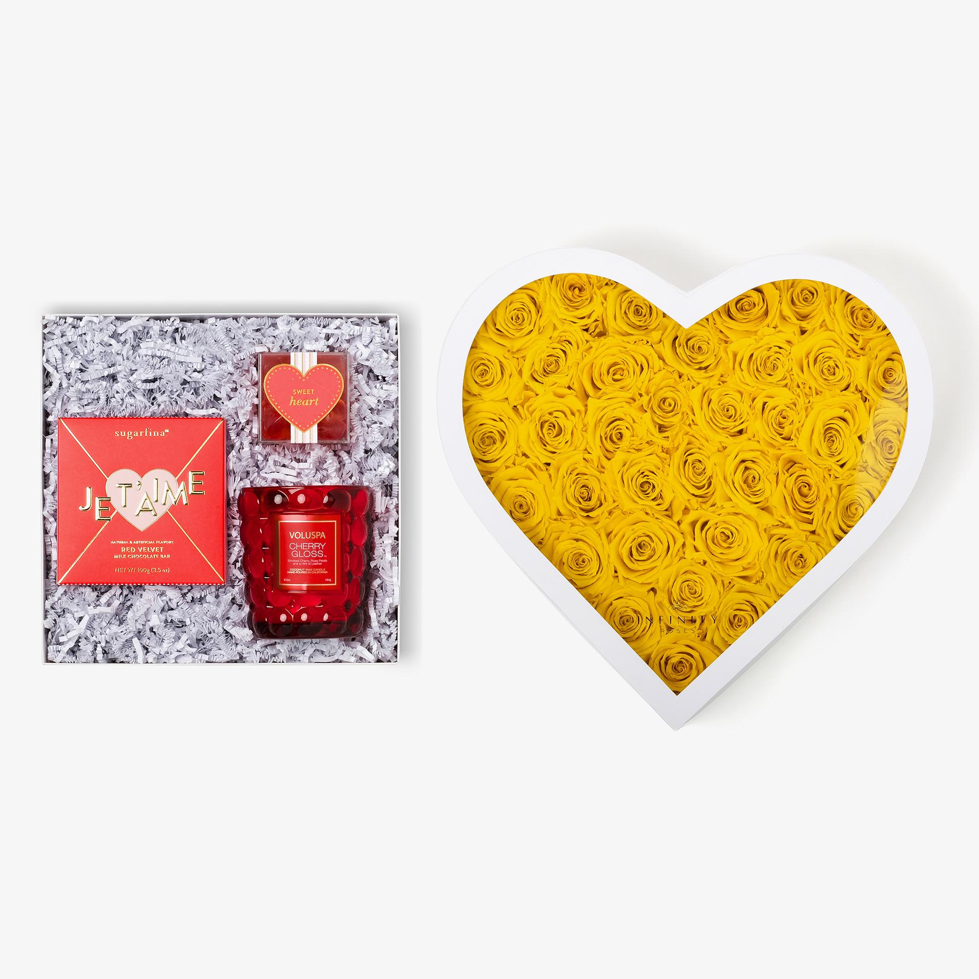 Candle & Treats - Grand Heart Box - Yellow Rose - White Box