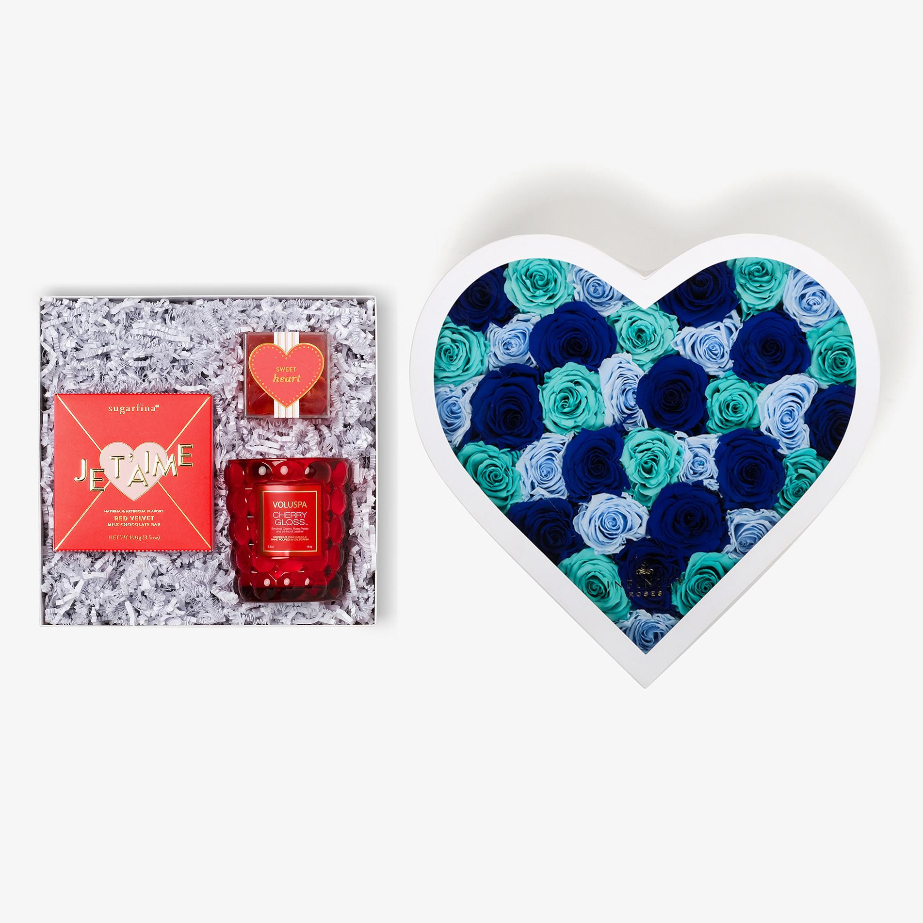 Candle & Treats - Grand Heart Box - Blue Ombre Rose - White Box