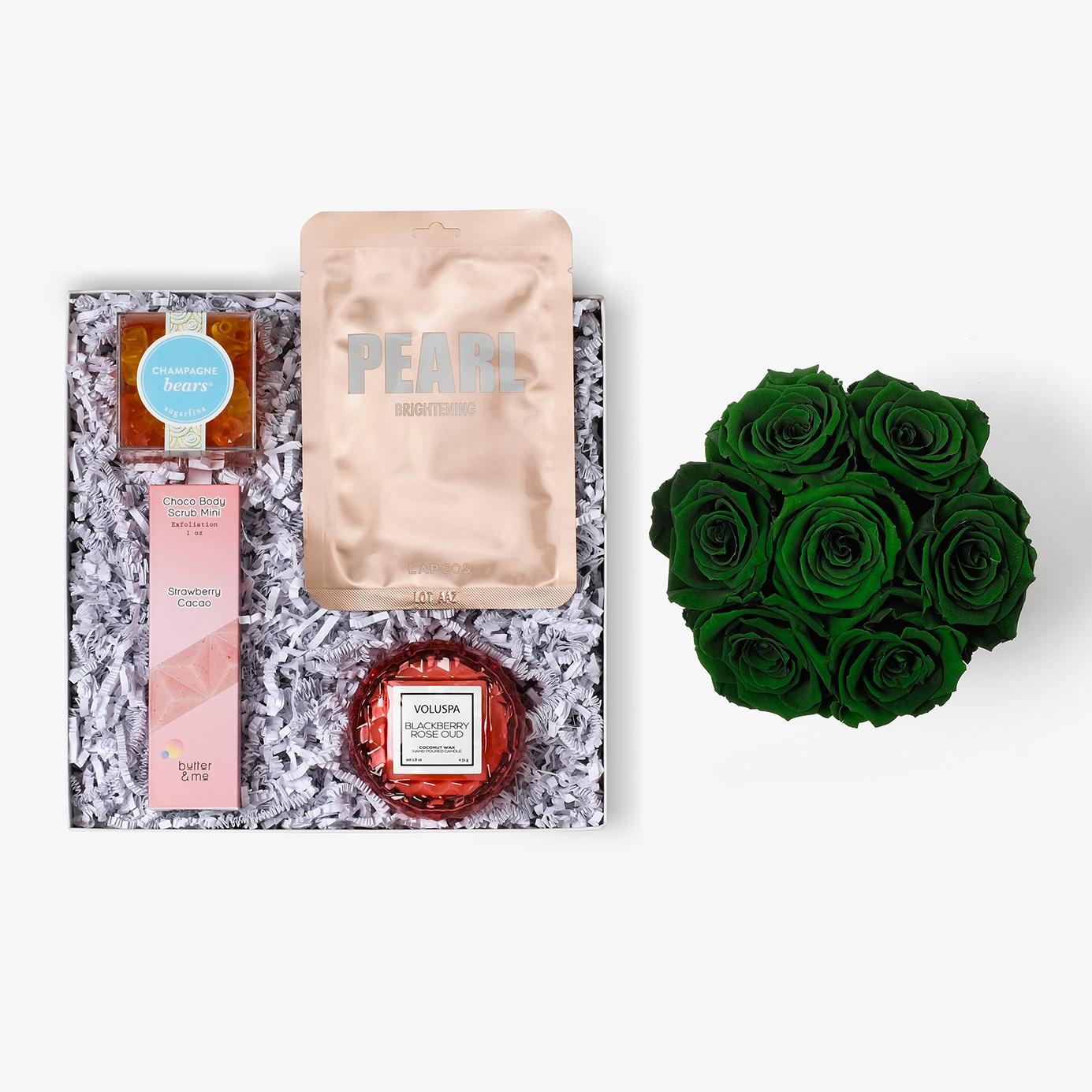 Pamper Bundle - Medium Bloom Box - Emerald Green Rose - White Box