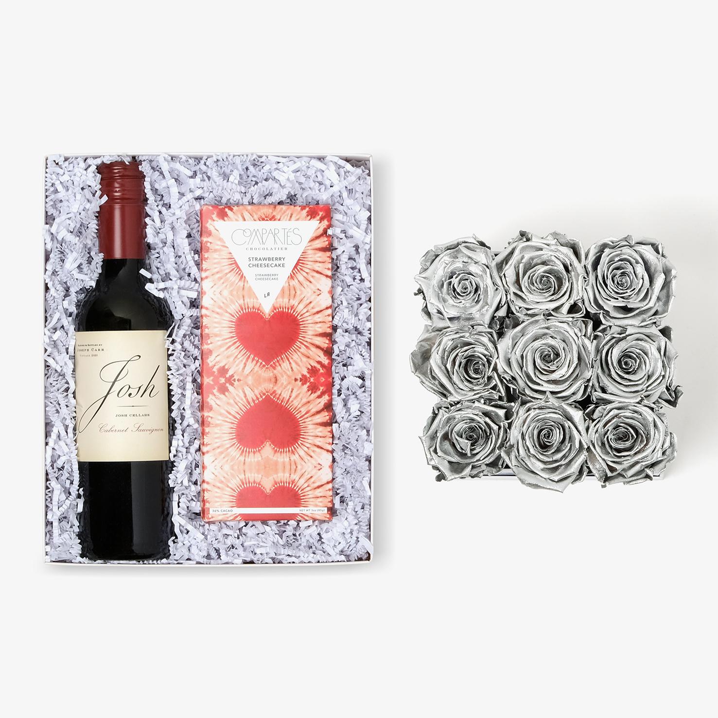 Wine & Truffles - Medium Square Box - Silver Rose - Black Box