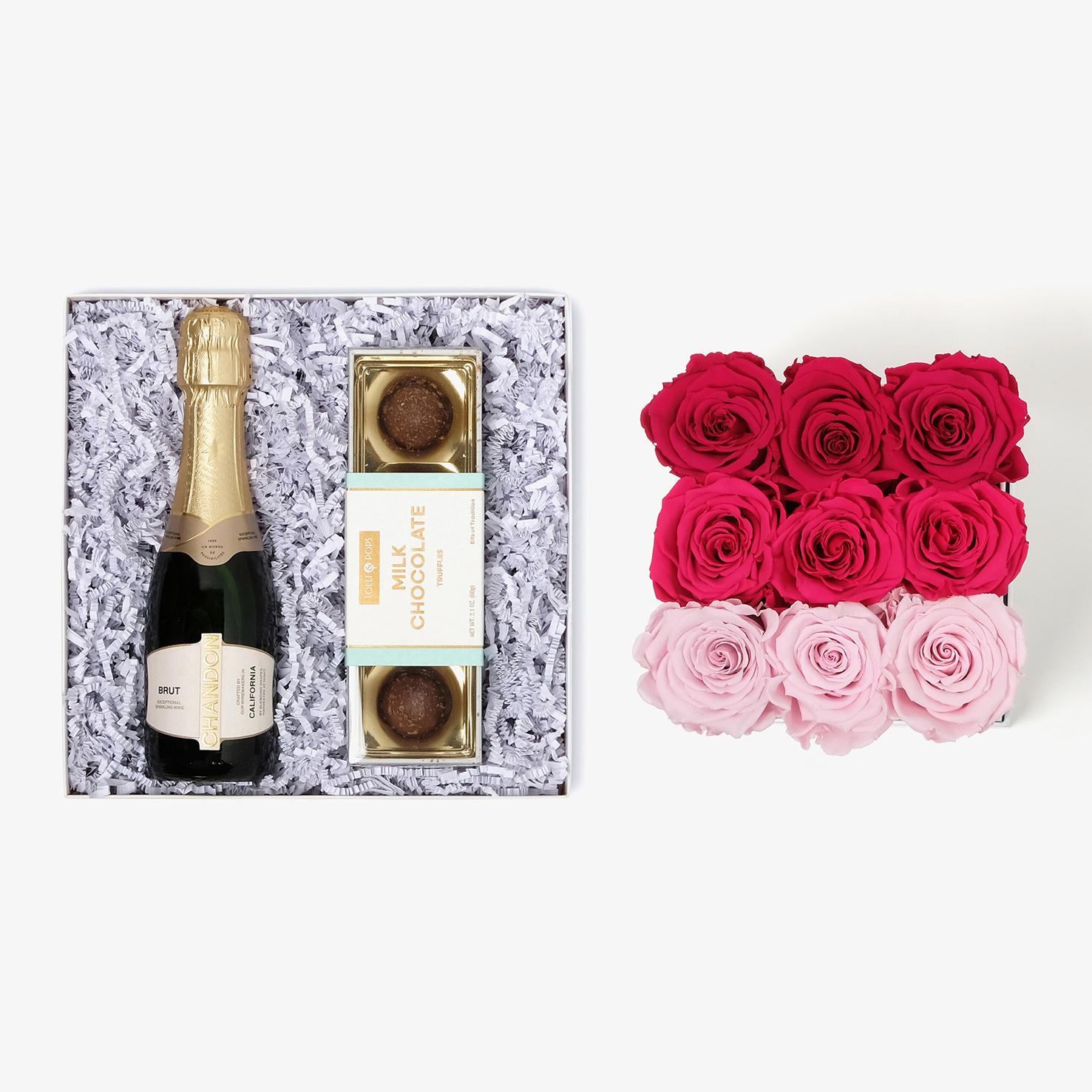 Champagne & Truffles - Medium Square Box - Pink Ombre Rose - White Box