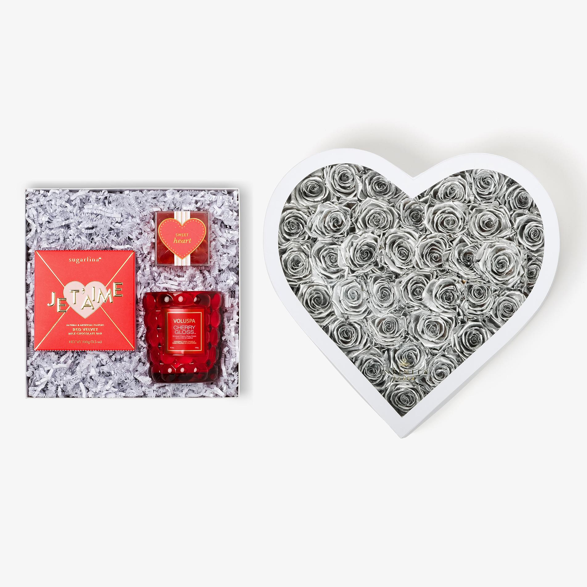 Candle & Treats - Grand Heart Box - Silver Rose - White Box
