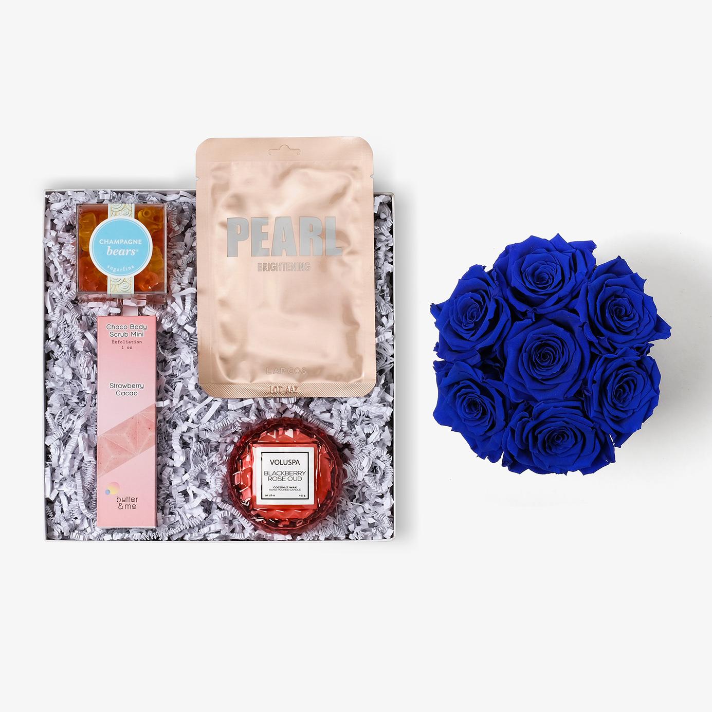 Pamper Bundle - Medium Bloom Box - Royal Blue Rose - Black Box