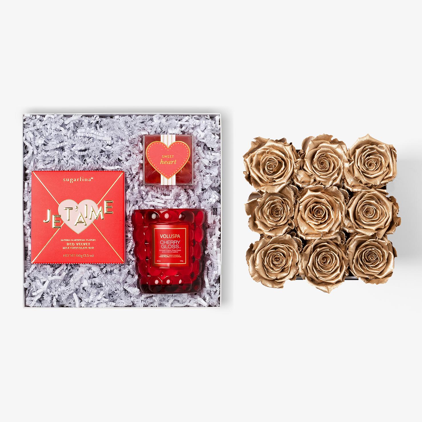 Candle & Treats - Medium Square Box - Gold Rose - Black Box