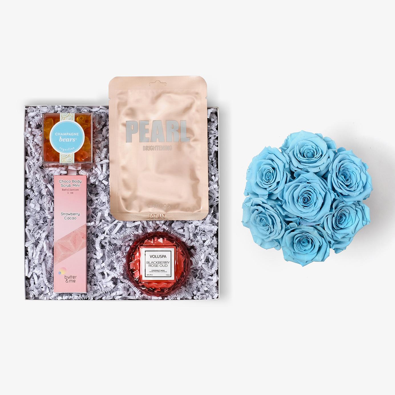 Pamper Bundle - Medium Bloom Box - Baby Blue Rose - White Box