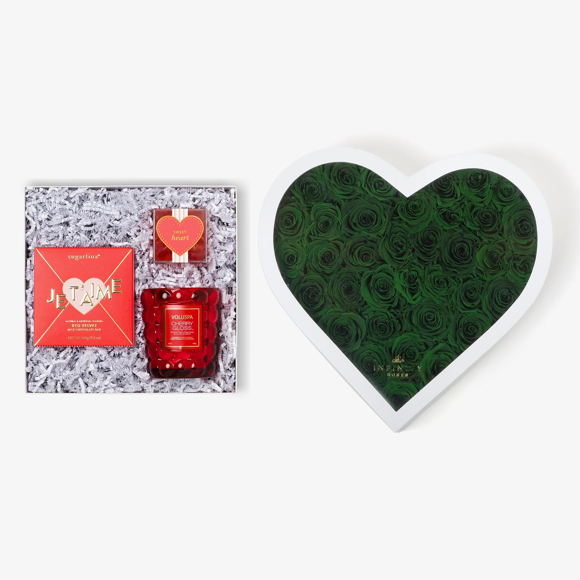 Candle & Treats - Grand Heart Box - Emerald Green Rose - White Box