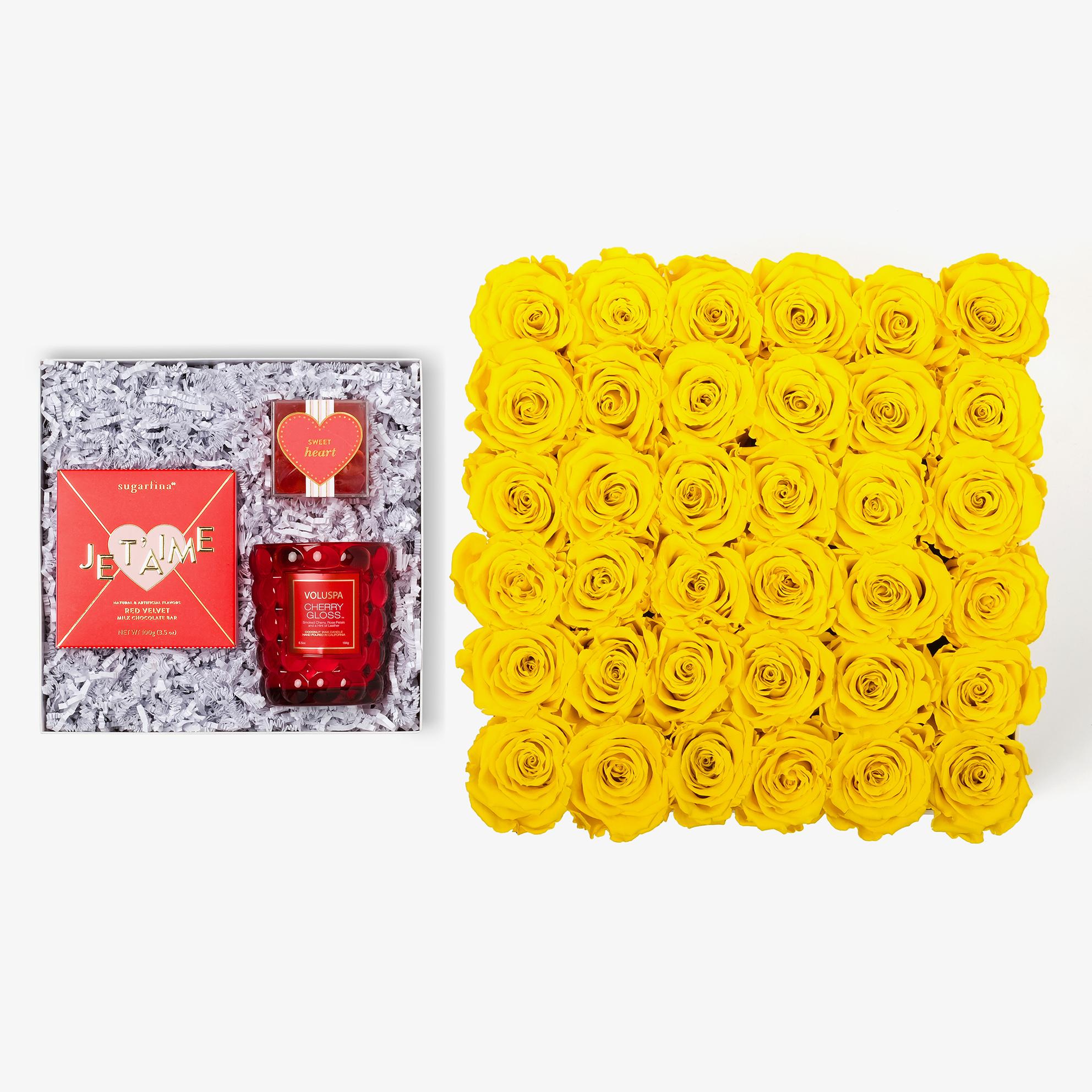 Candle & Treats - Grand Square Box - Yellow Rose - White Box