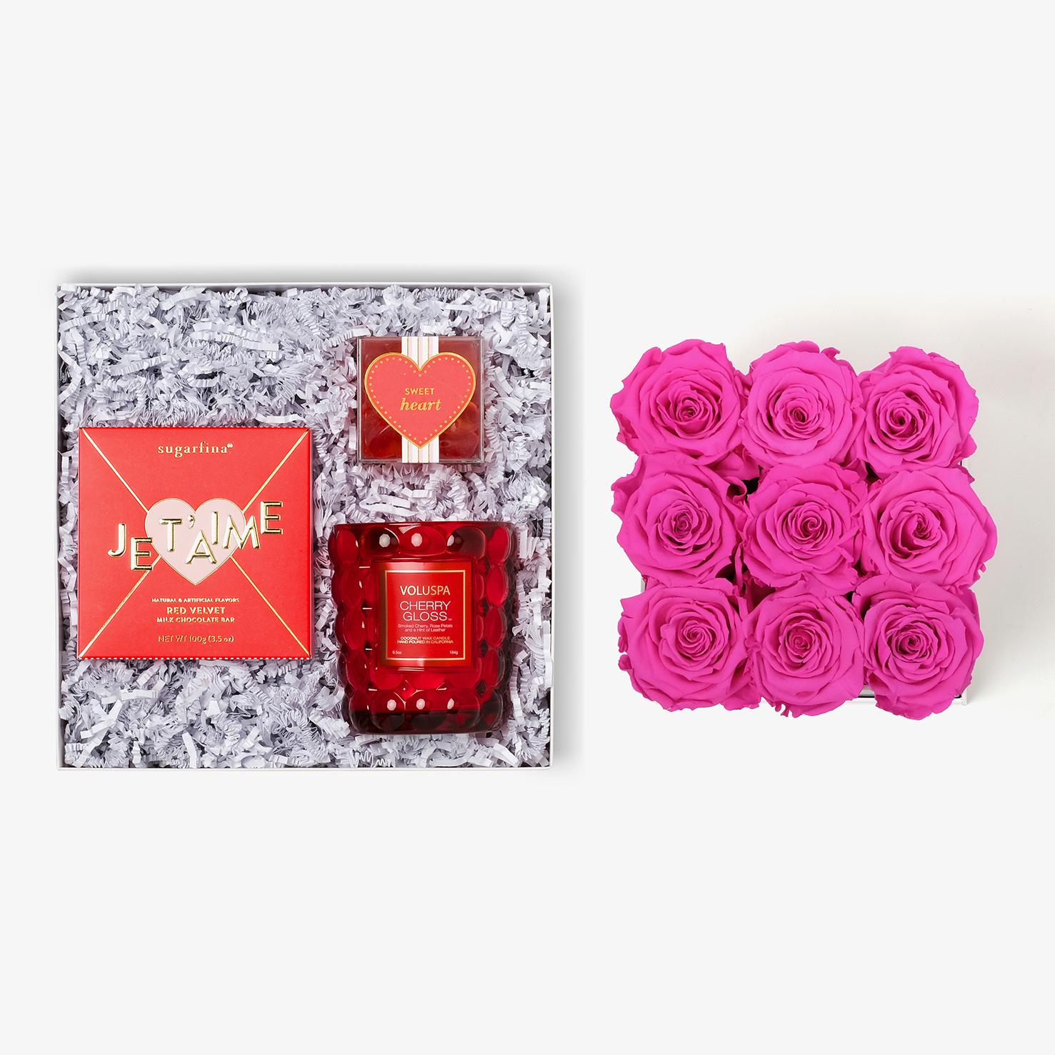 Candle & Treats - Medium Square Box - Hot Pink Rose - Black Box