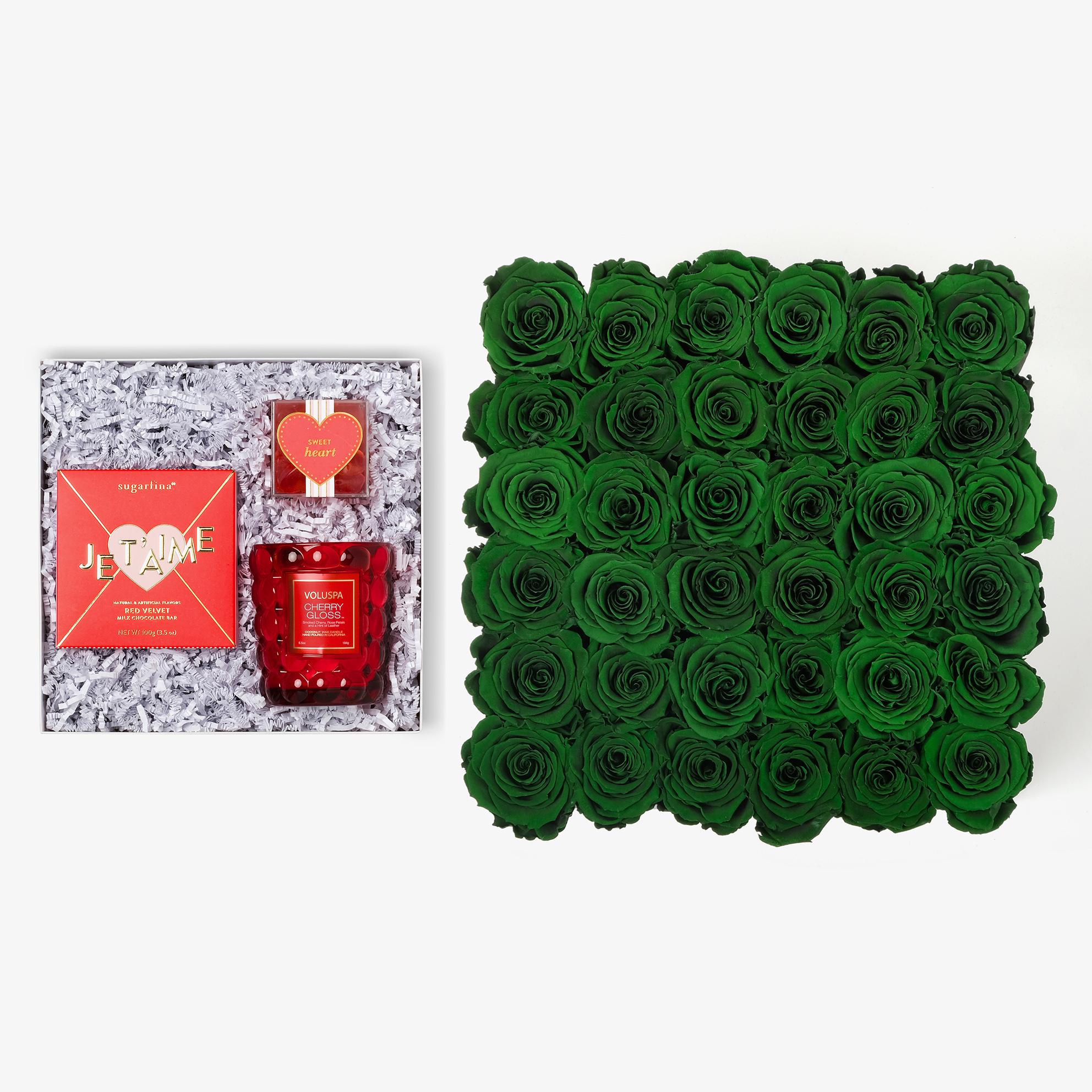 Candle & Treats - Grand Square Box - Emerald Green Rose - White Box