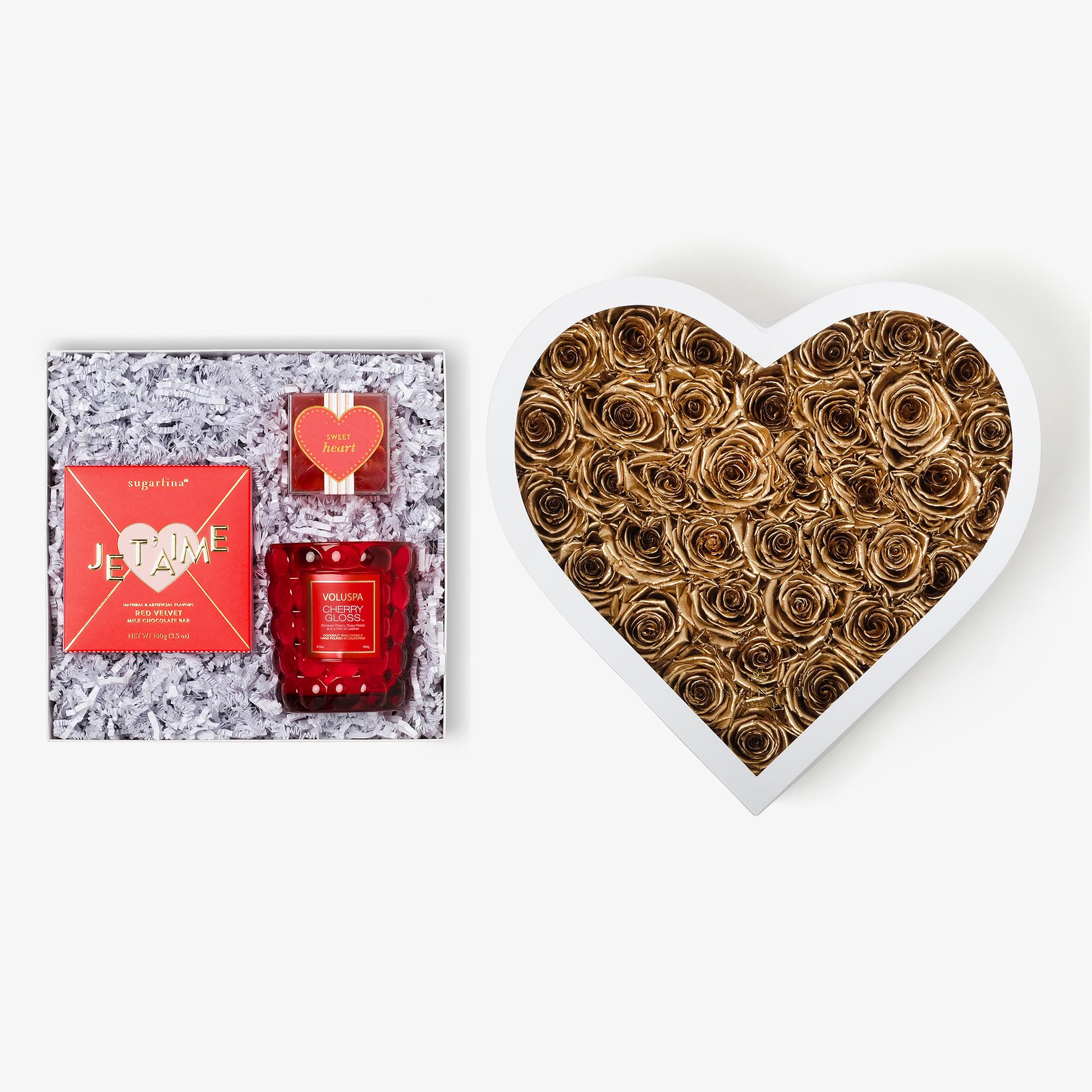 Candle & Treats - Grand Heart Box - Gold Rose - White Box