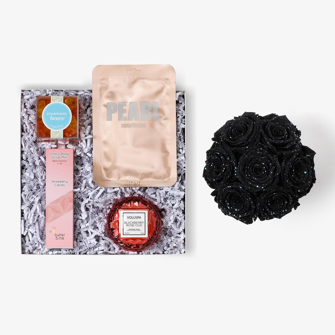 Pamper Bundle - Medium Bloom Box - Black Galaxy Rose - White Box