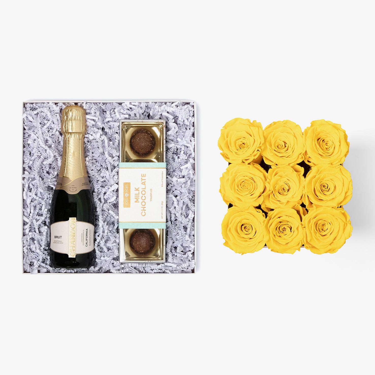 Champagne & Truffles - Medium Square Box - Yellow Rose - Black Box