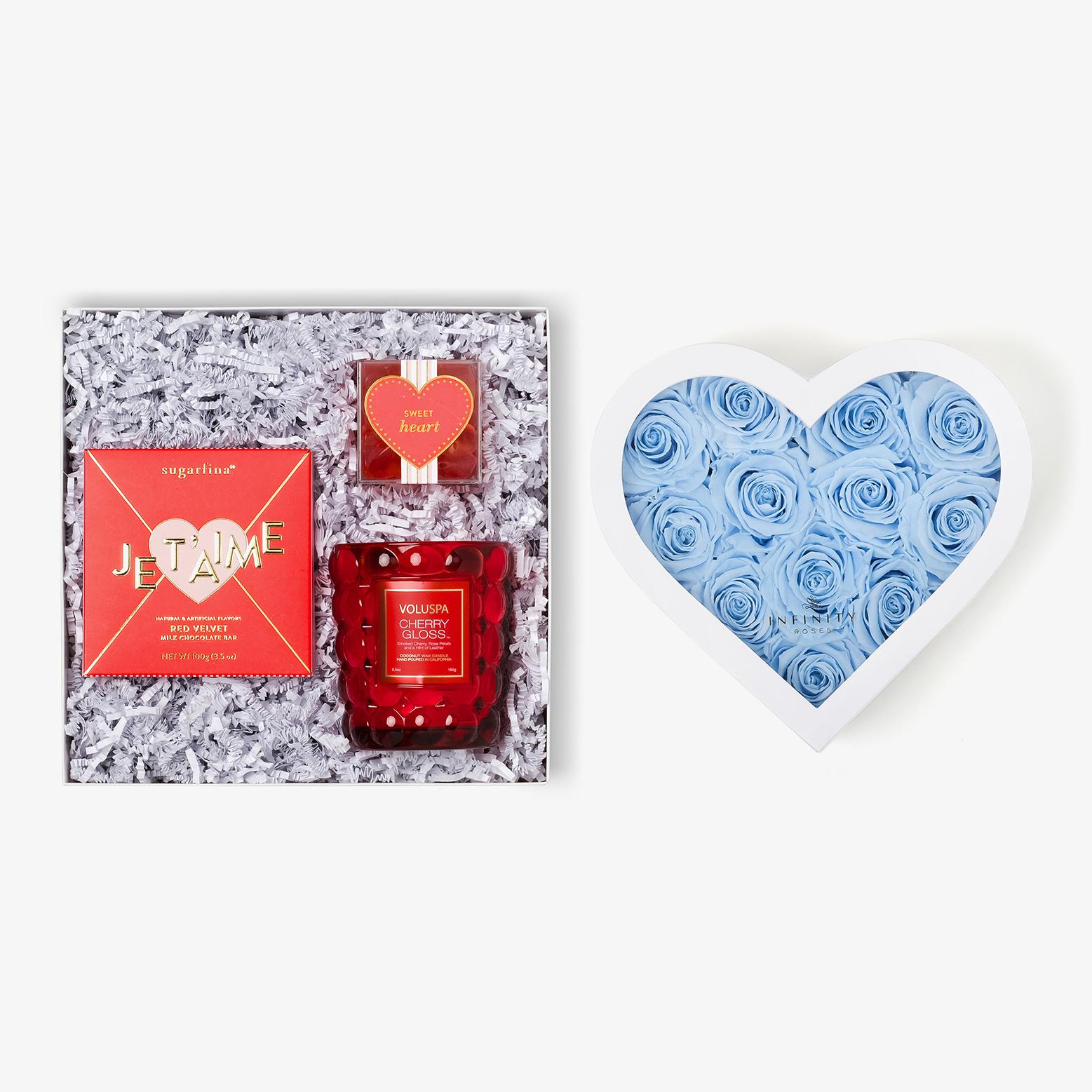 Candle & Treats - Medium Heart Box - Baby Blue Rose - White Box