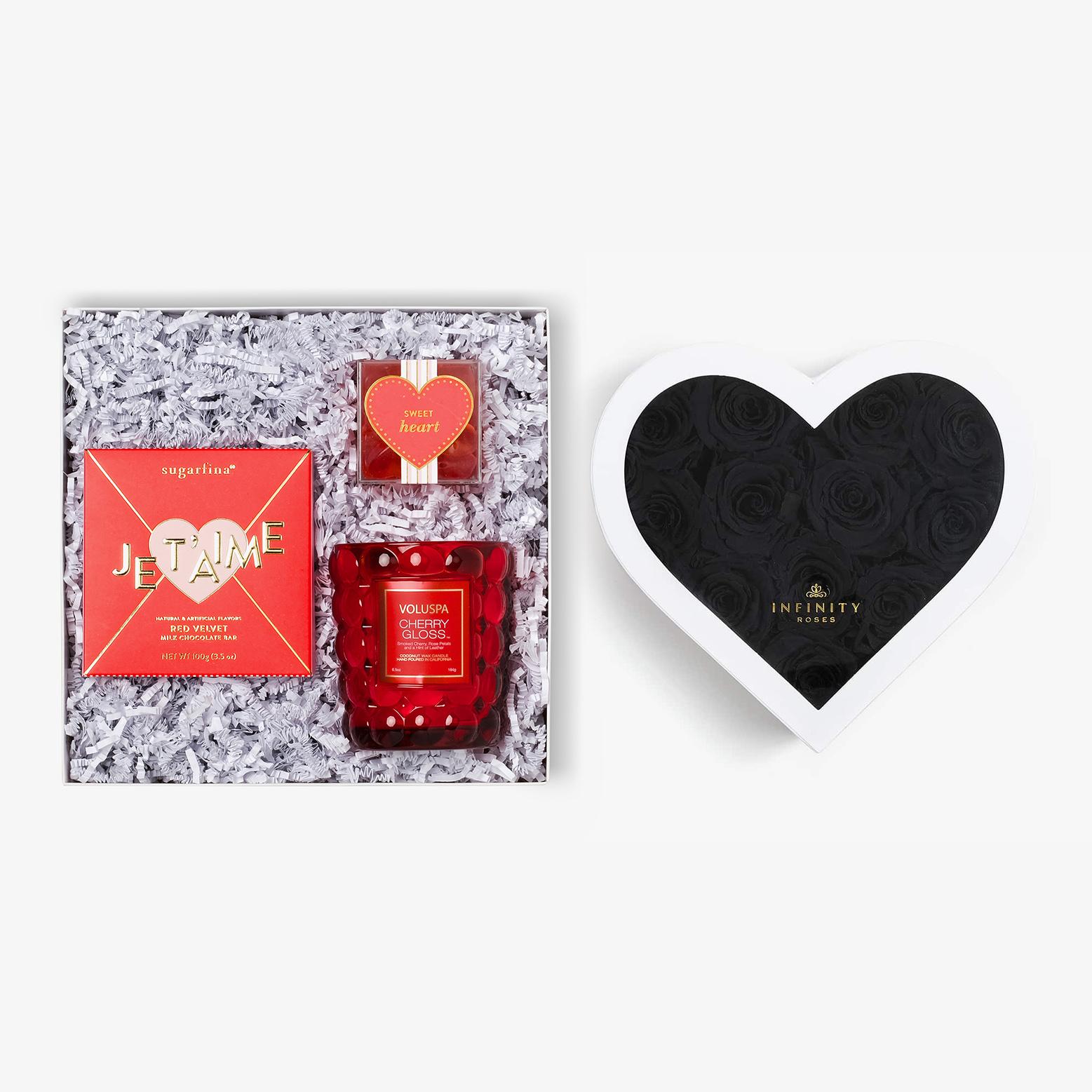 Candle & Treats - Medium Heart Box - Black Rose - White Box