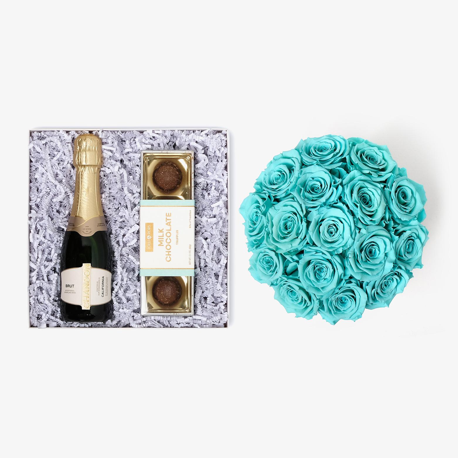 Champagne & Truffles - Large Bloom Box - Turquoise Rose - Black Box