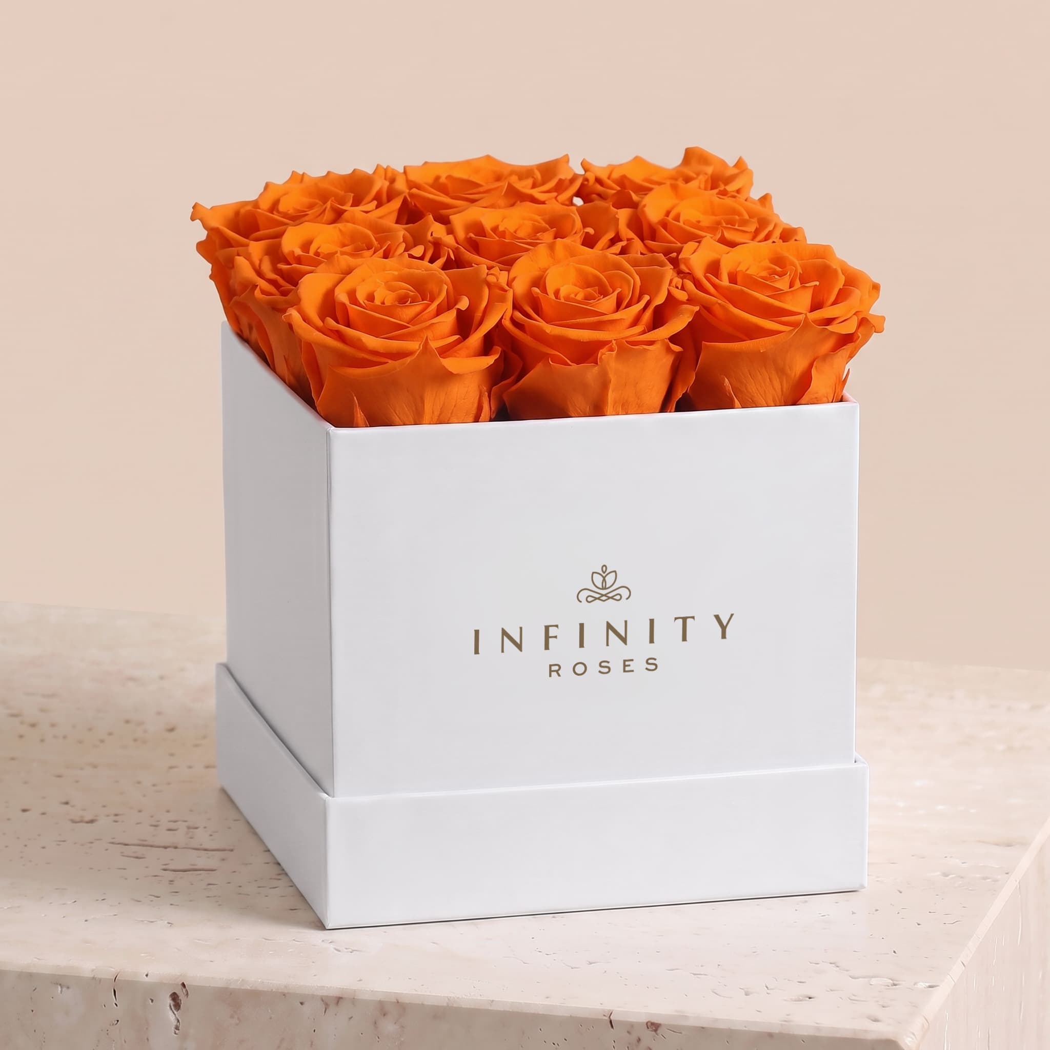 Medium Square Rose Box - Orange Rose - White Box