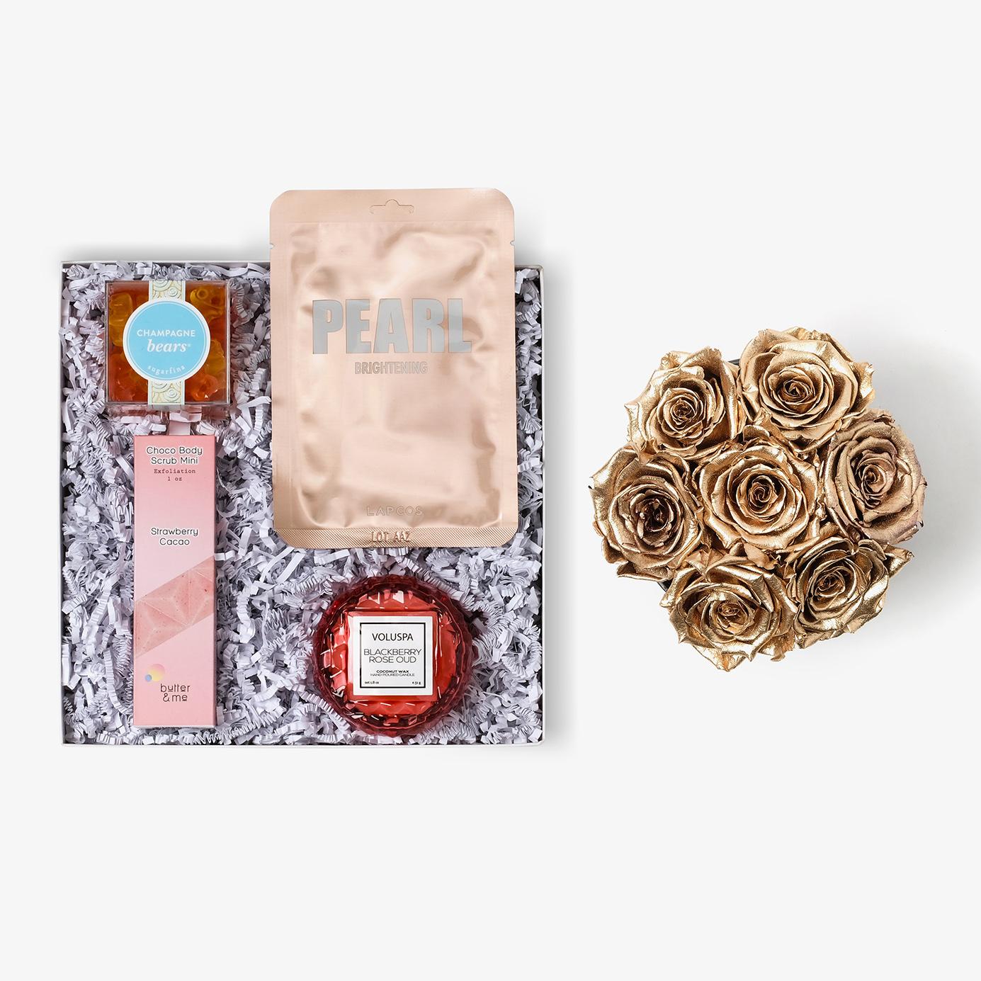 Pamper Bundle - Medium Bloom Box - Gold Rose - Black Box