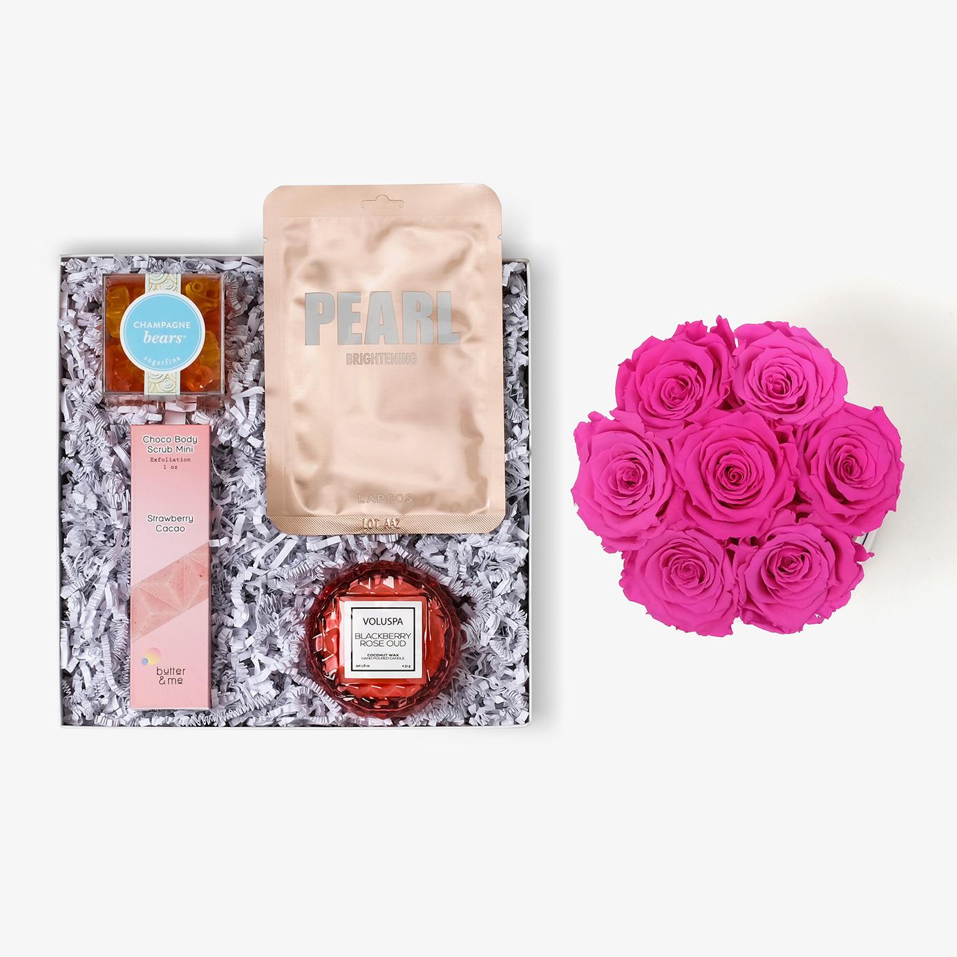 Pamper Bundle - Medium Bloom Box - Hot Pink Rose - Black Box