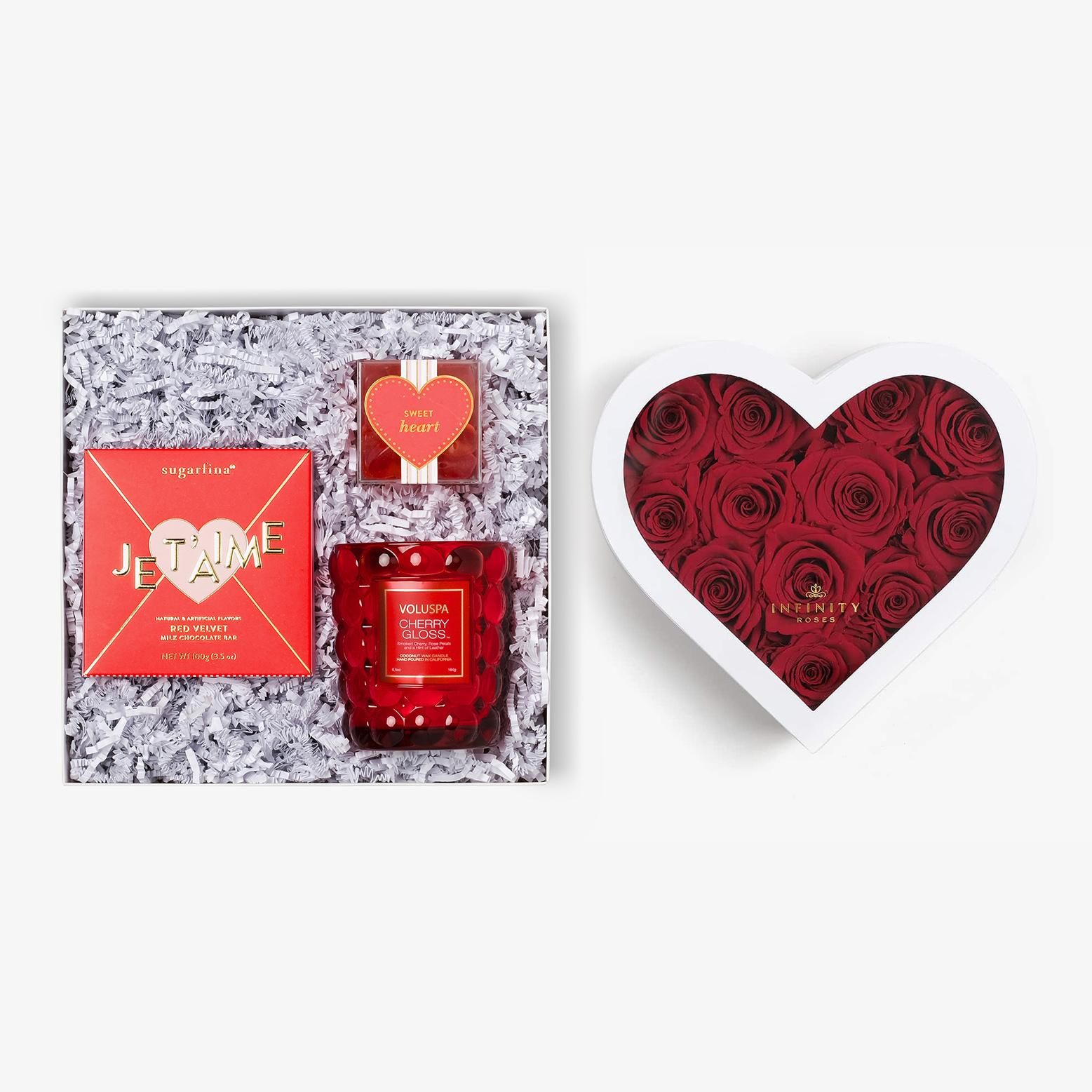 Candle & Treats - Medium Heart Box - Red Rose - White Box