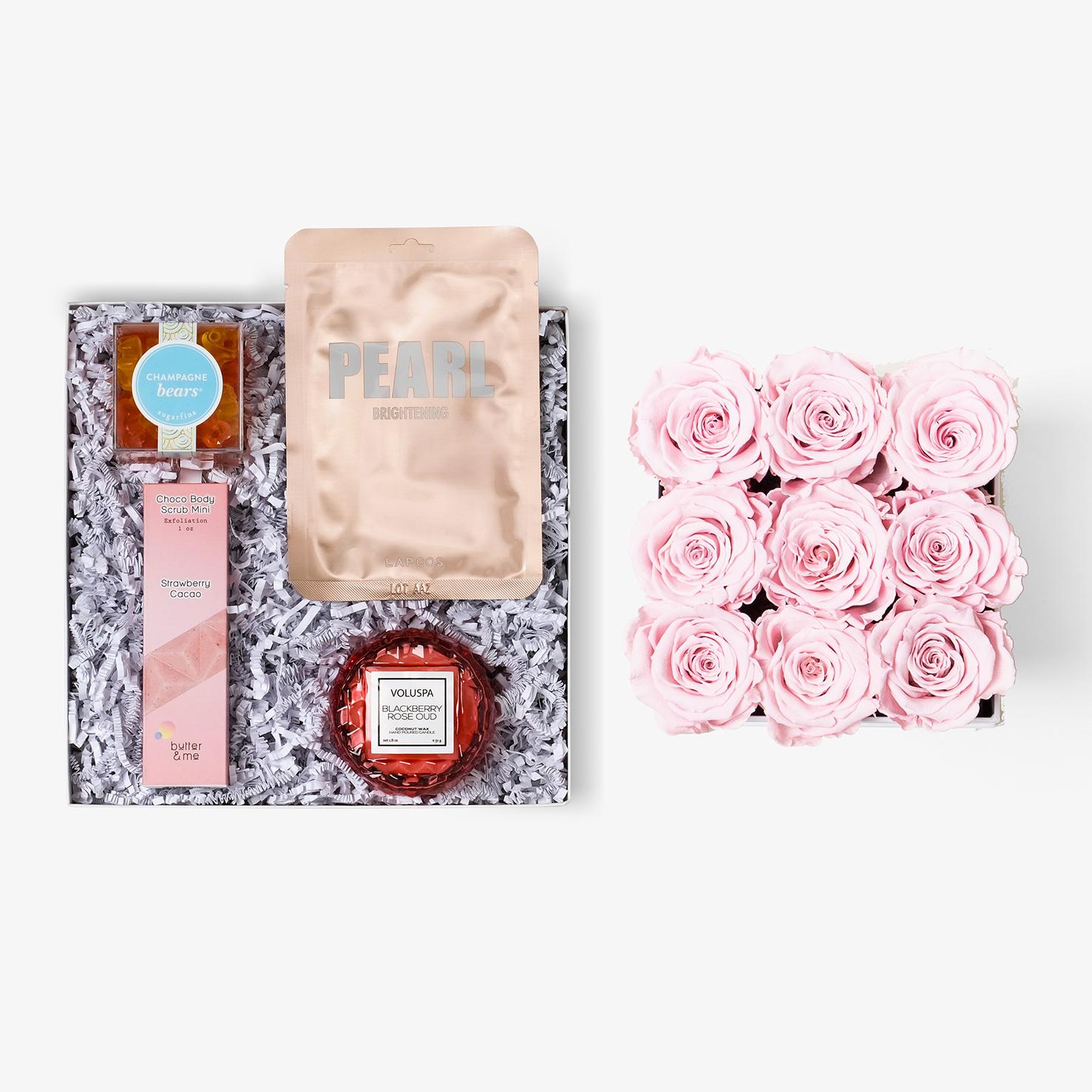 Pamper Bundle - Medium Square Box - Pink Rose - White Box