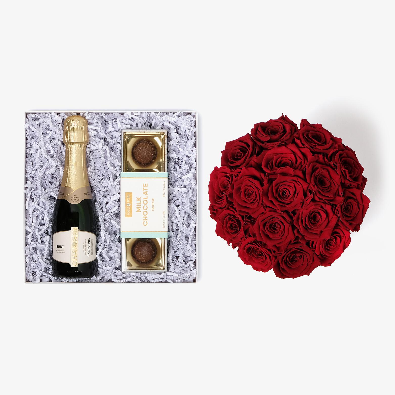 Champagne & Truffles - Large Bloom Box - Red Rose - White Box