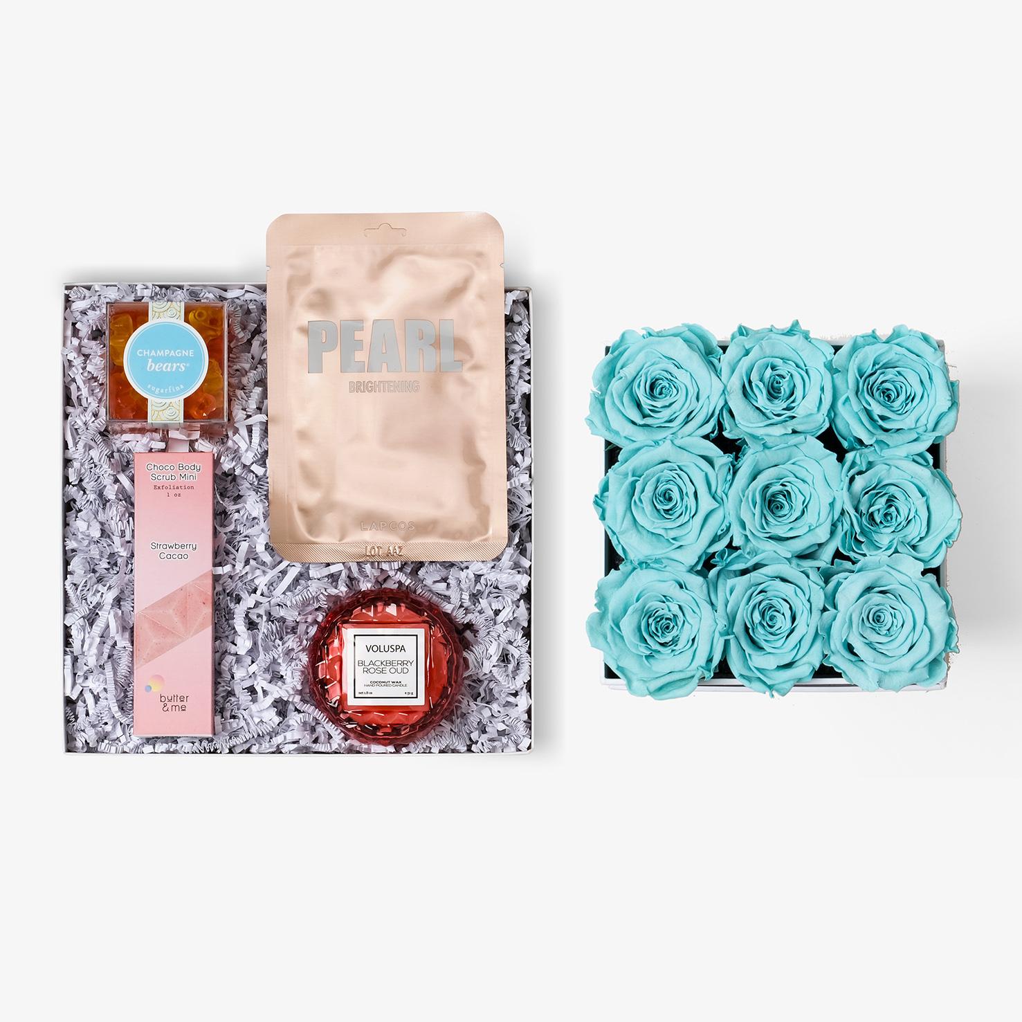 Pamper Bundle - Medium Square Box - Turquoise Rose - White Box