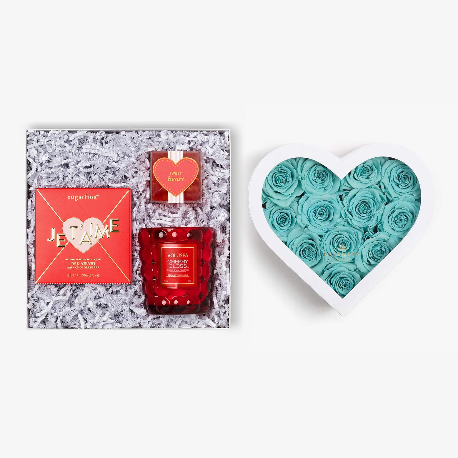 Candle & Treats - Medium Heart Box - Turquoise Rose - White Box