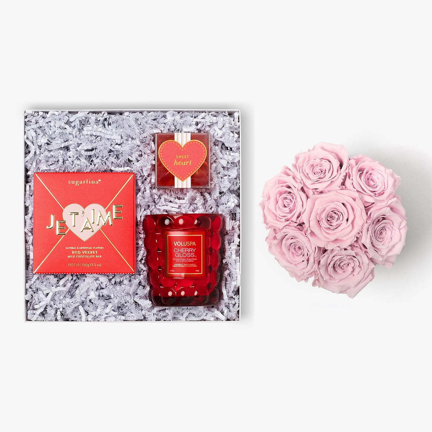 Candle & Treats - Medium Bloom Box - Pink Rose - White Box