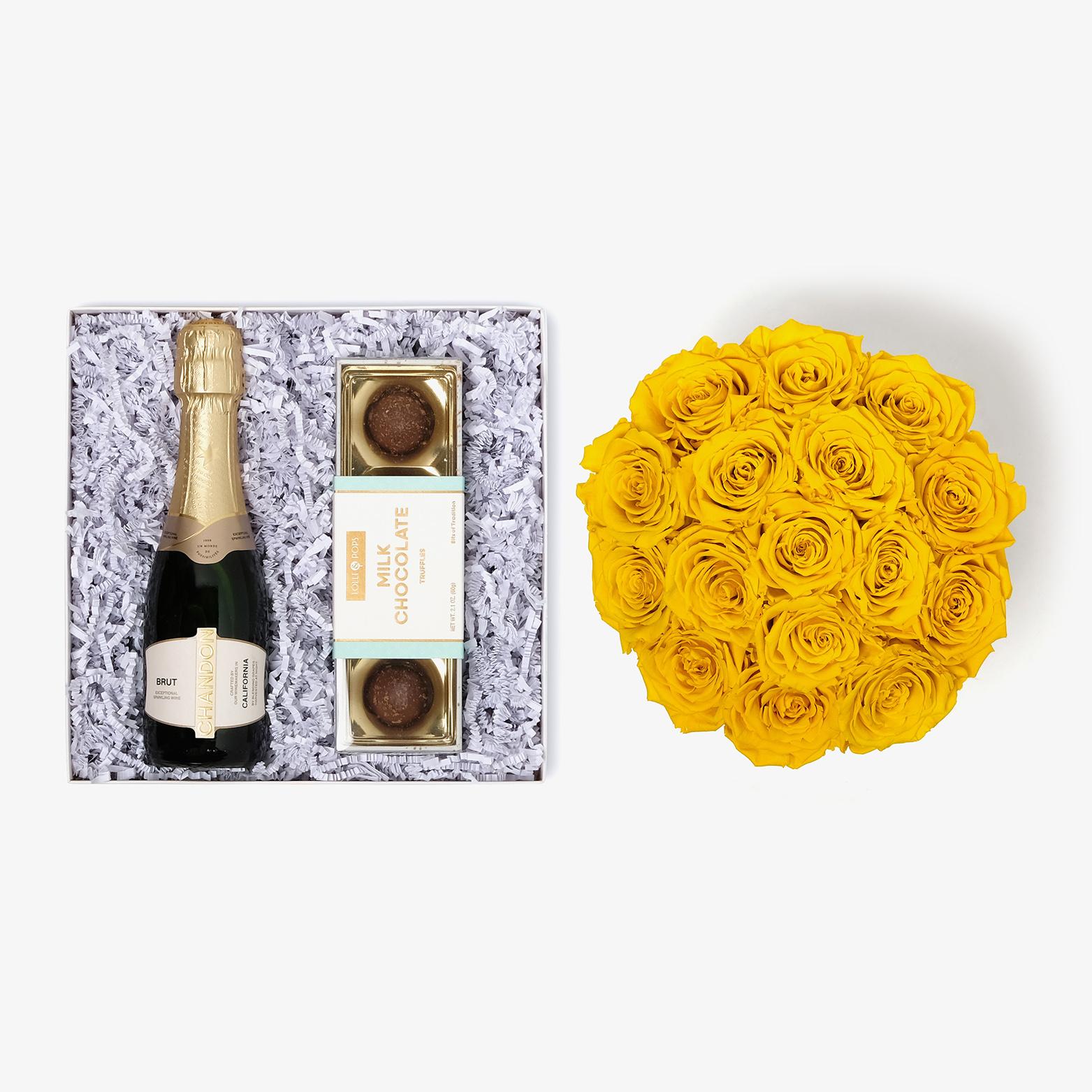 Champagne & Truffles - Large Bloom Box - Yellow Rose - Black Box